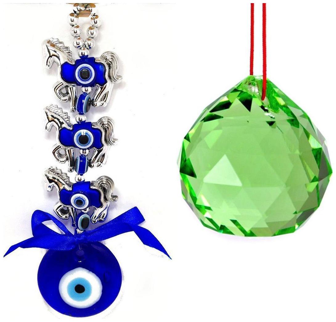 

Astrocrystals9 3 Horse Evil Eye Hanging and 40 Mm Green Crystal Glass Ball For Good Luck