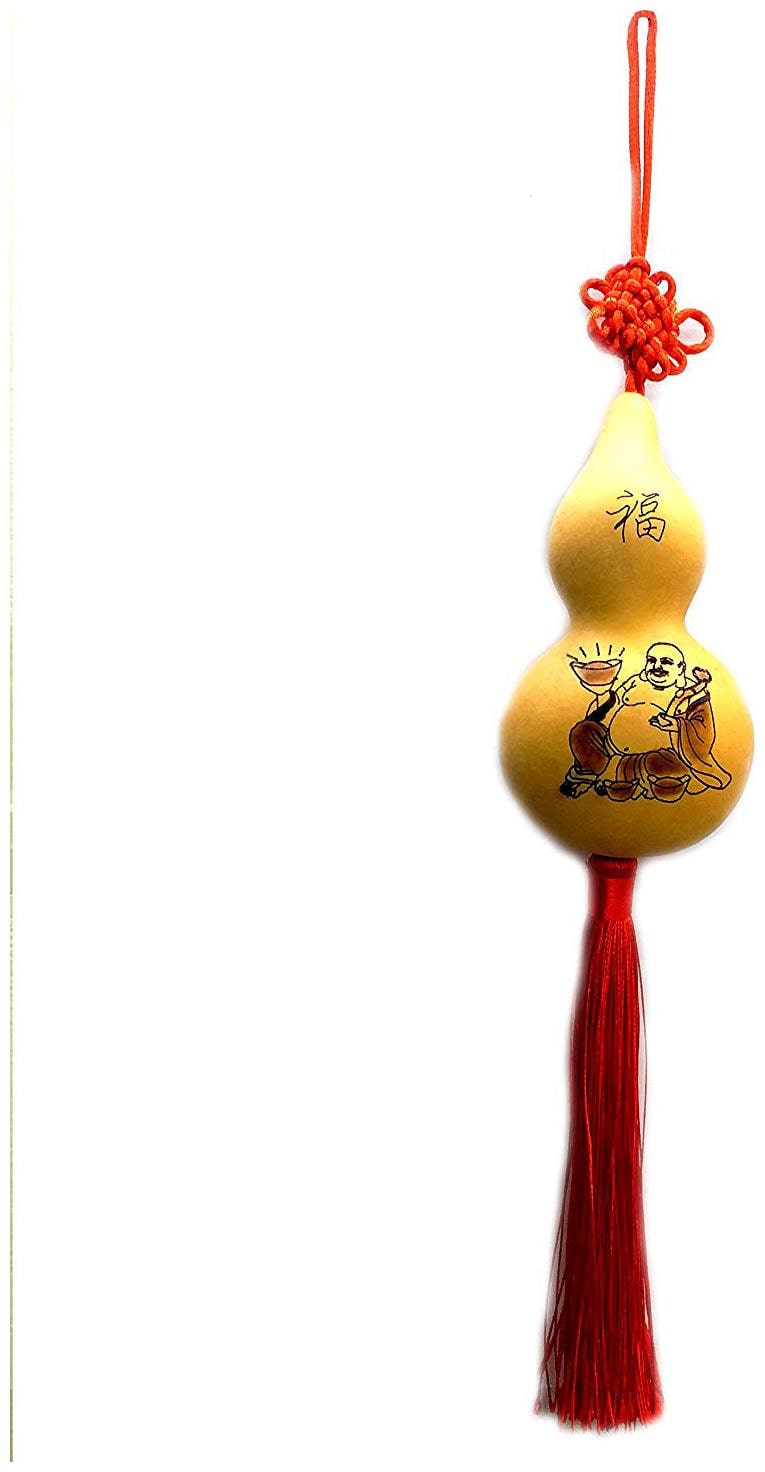 

astrocrystals9 fengshui auspicious natural wu lou (wu lu) gourd with laughing buddha hanging amulet