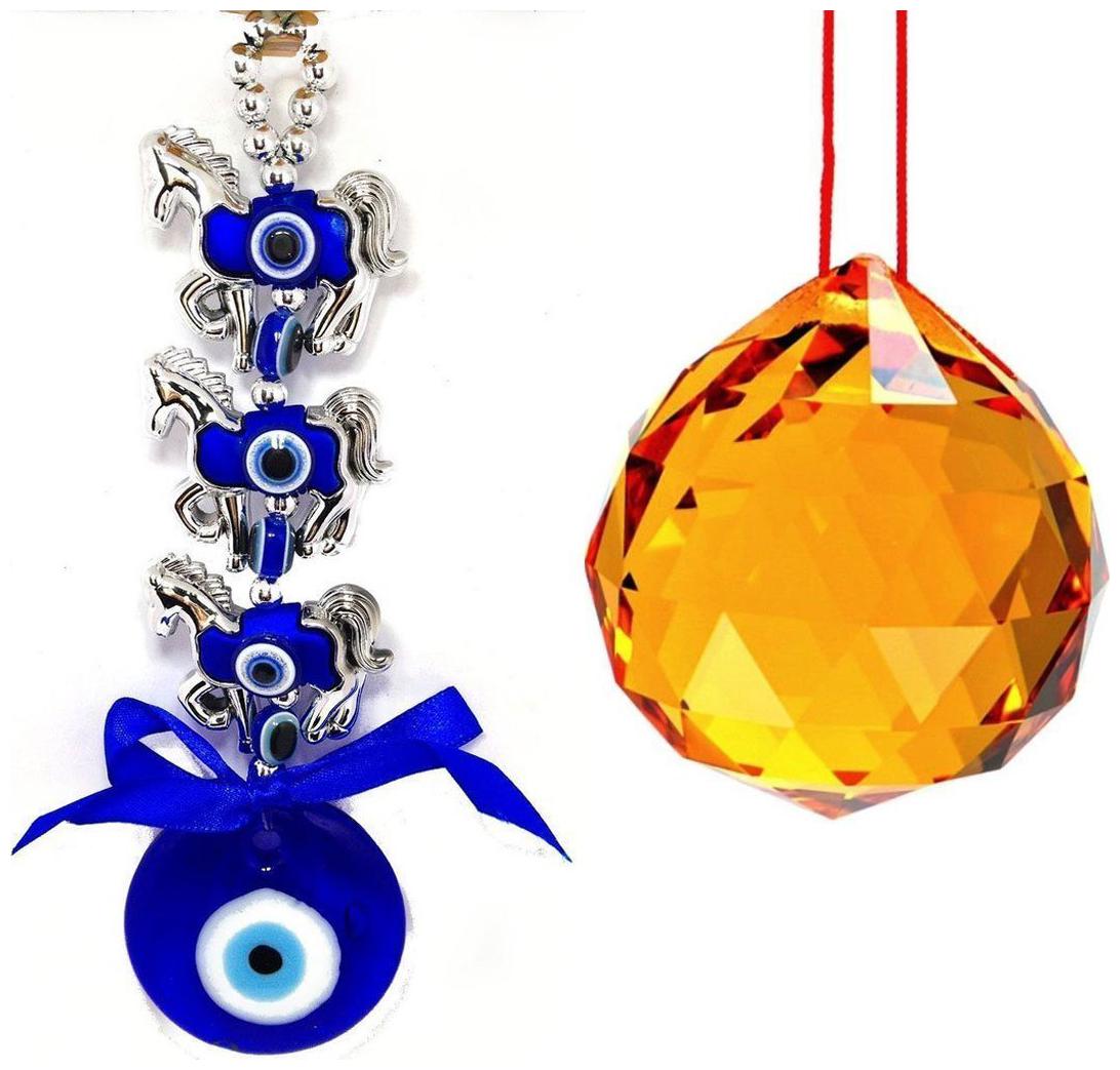 

Astrocrystals9 3 Horse Evil Leye Hanging and 40 Mm Yellow Crystal Glass Ball For Good Luck