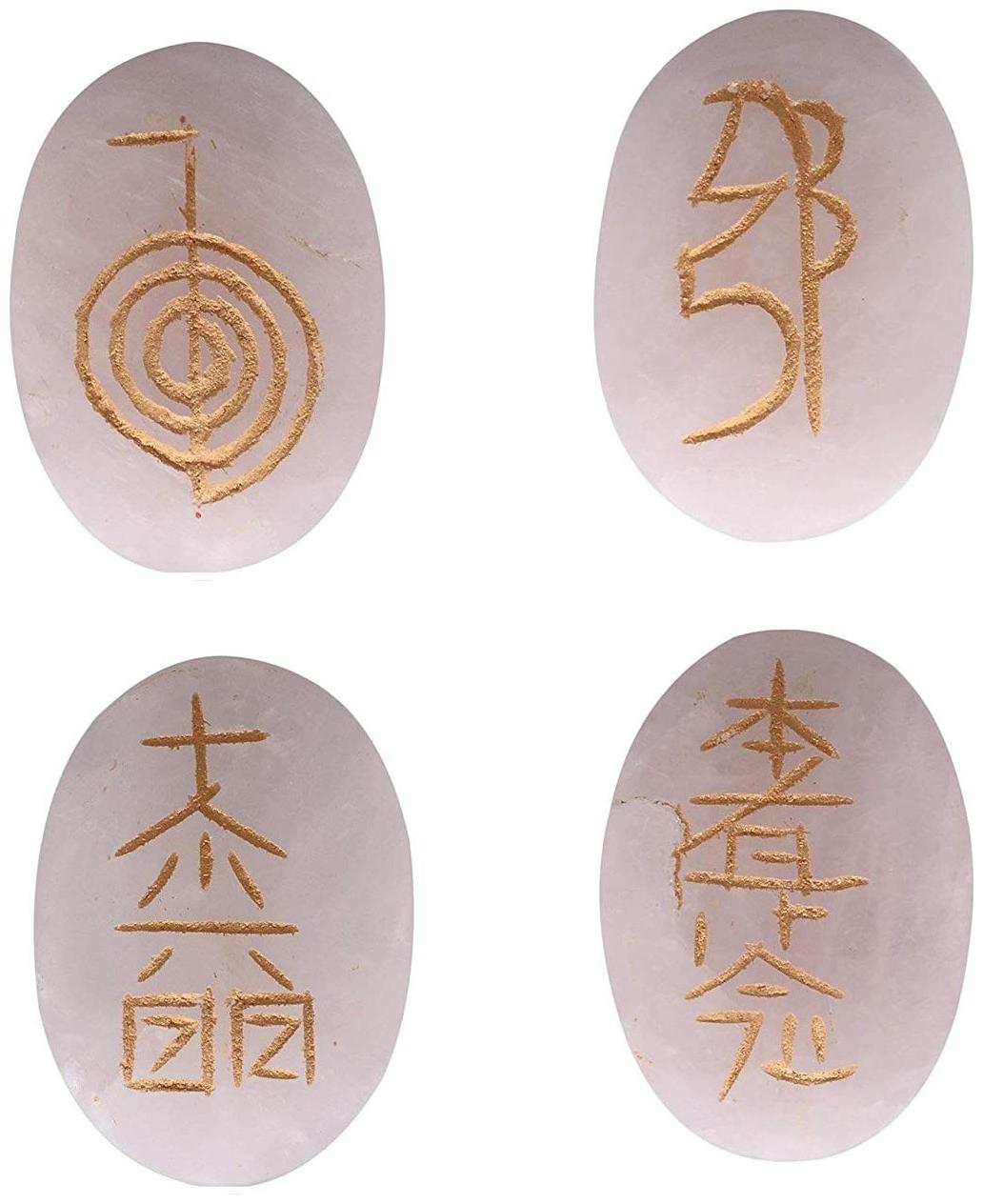 

Astrocrystals9 Rose Qartz Crystal Set Of 4 Reiki Symbols Engraved On Healing Palm Stones