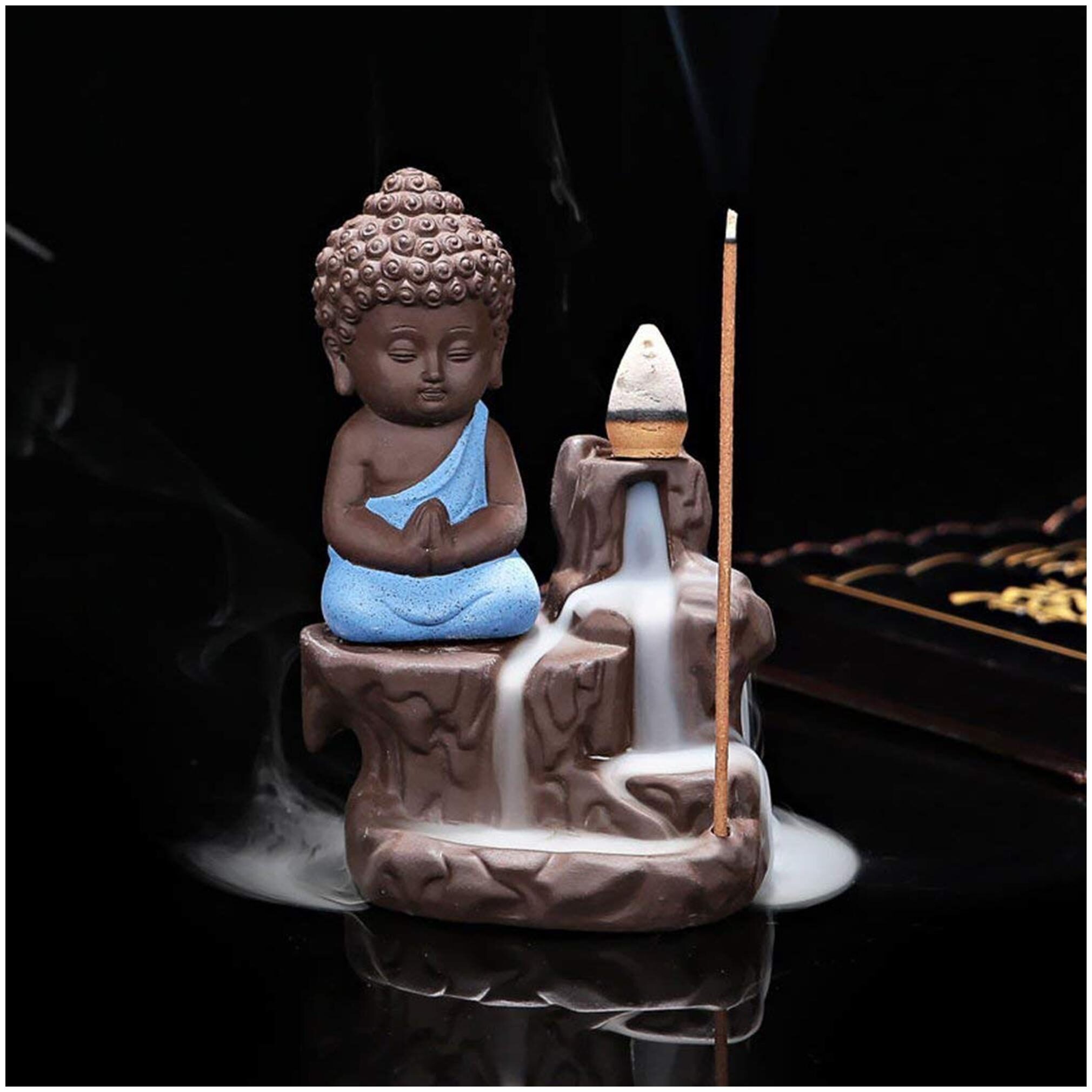 

Atmyhome Meditating Monk Buddha Smoke Back-Flow Cone Incense Holder Decorative Showpiece (12 cm)