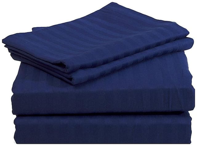 AVI Cotton Striped King Size Bedsheet 144 TC ( 1 Bedsheet With 2 Pillow Covers , Blue )