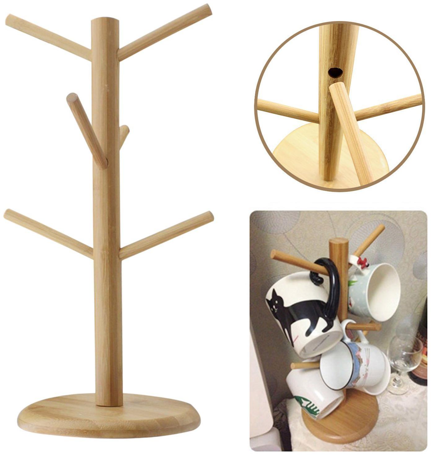

Bamboo Mug Tree Rack Stand with 6 Storage Hooks Hold and Dry Large Coffee Mugs or Cups