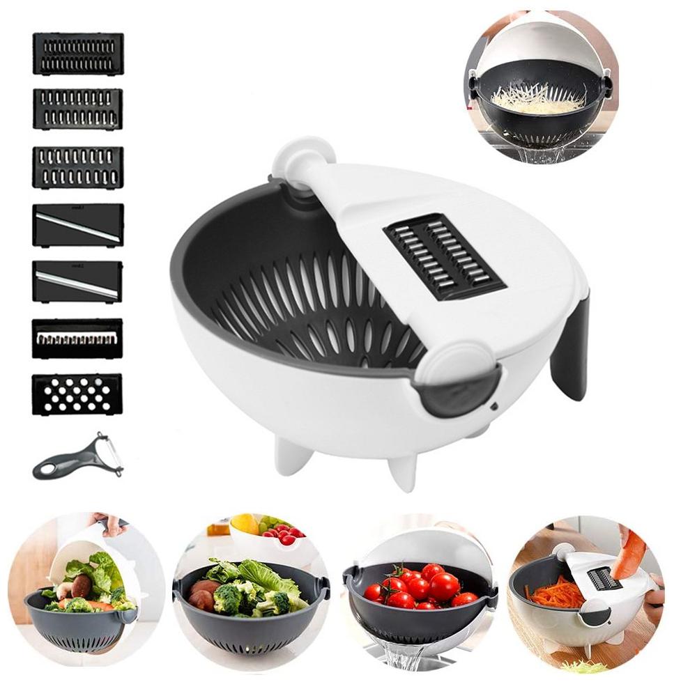 

Bazaar Gali Vegetable Cutter with Drain Basket Magic Rotate Vegetable Slicer Chopper and 7 Different Cutter Kitchen (Set of 1) Assorted Color