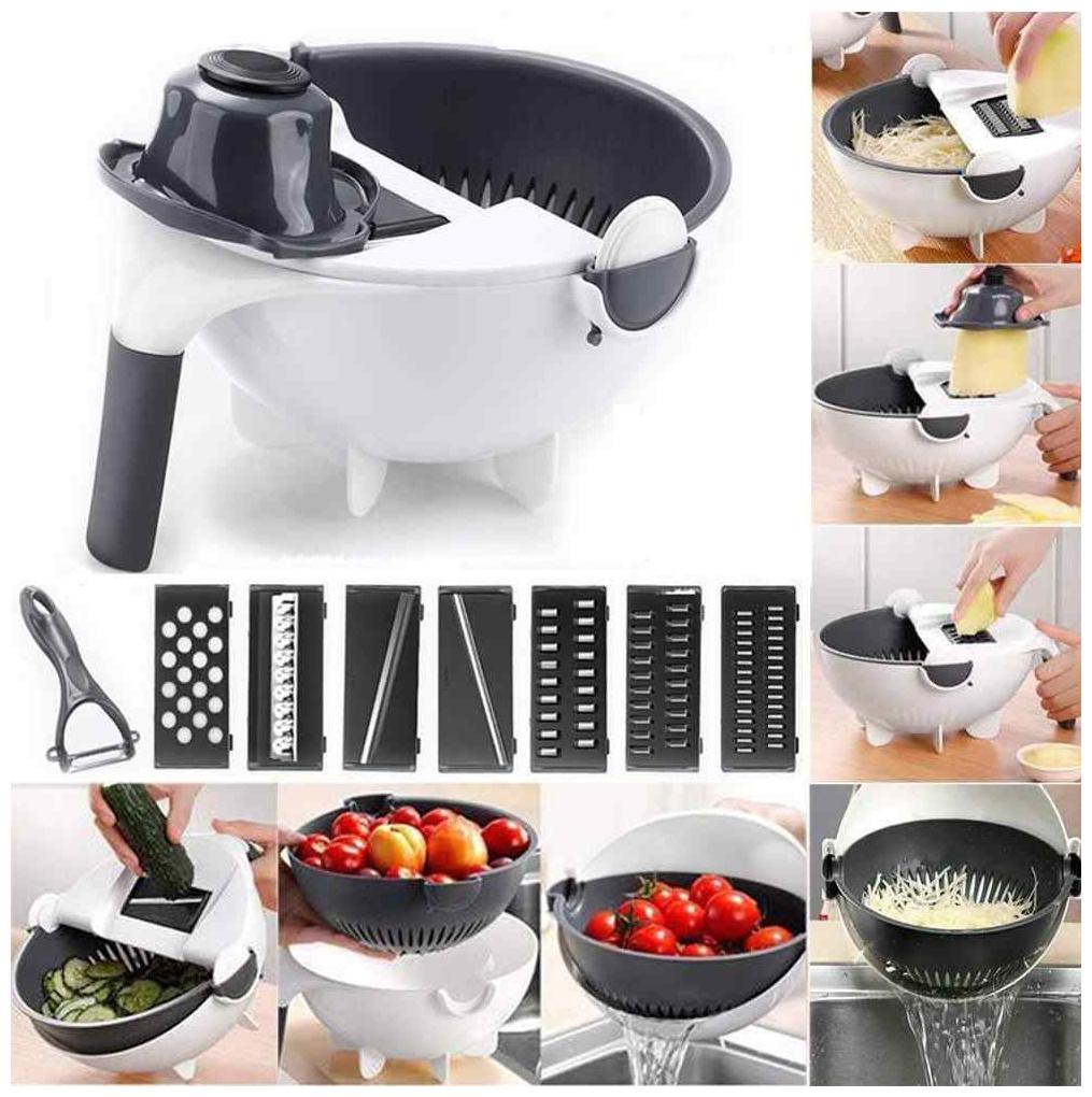 

Bazaar Gali 9 in 1 Kitchen Fruit Grater Slicer Rotate Vegetable Cutter with Drain Basket Cutting Vegetables Washing Vegetables (Set of 1) Assorted Color