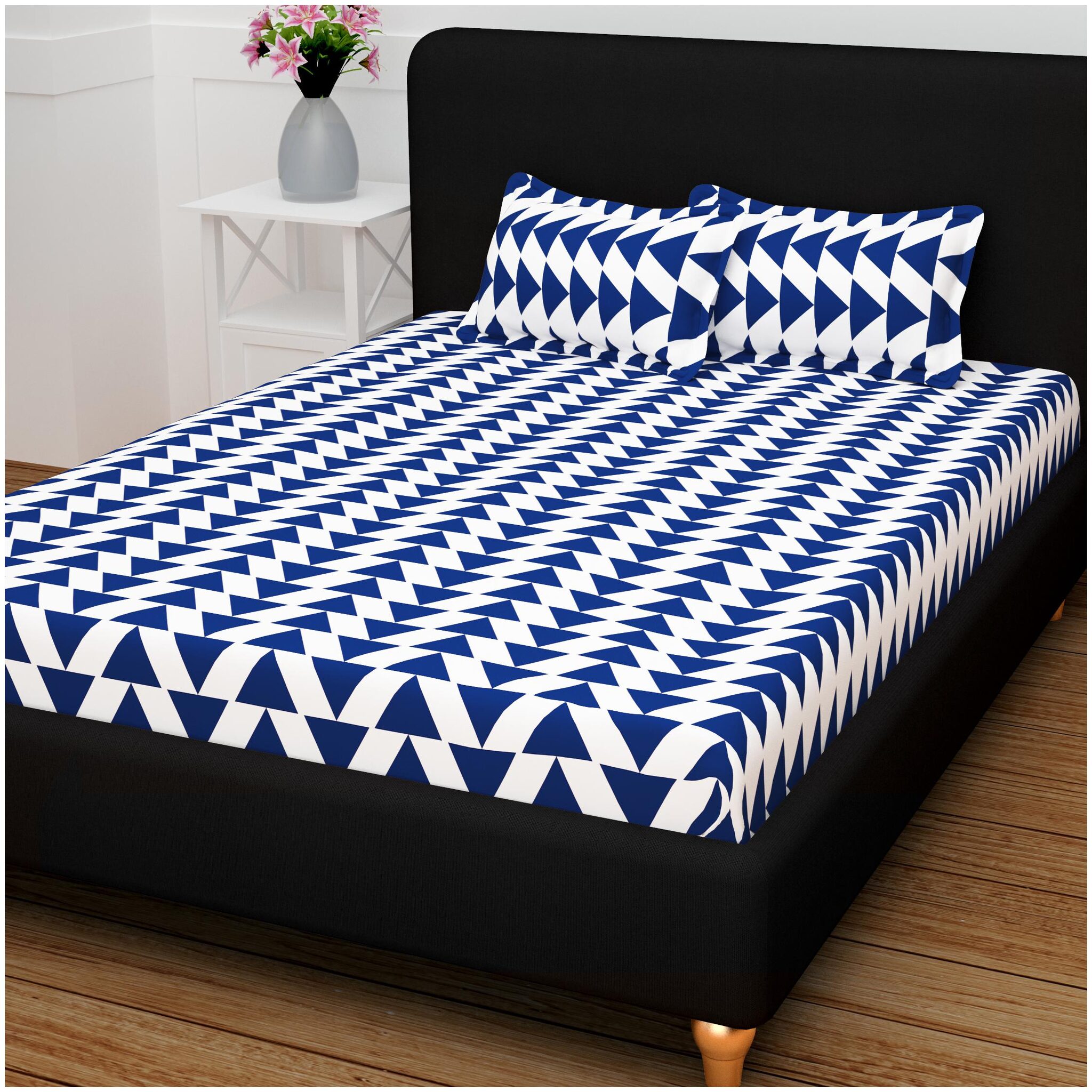 

Bedspun Cotton Geometric Double Size Bedsheet 120 TC ( 1 Bedsheet With 2 Pillow Covers Blue )