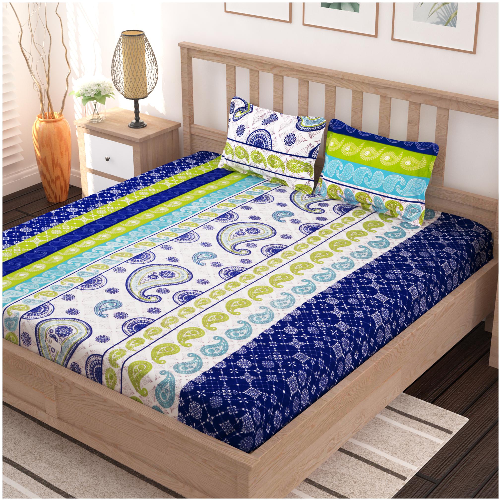 

Bedspun Cotton Abstract Double Size Bedsheet 120 TC ( 1 Bedsheet With 2 Pillow Covers Blue )
