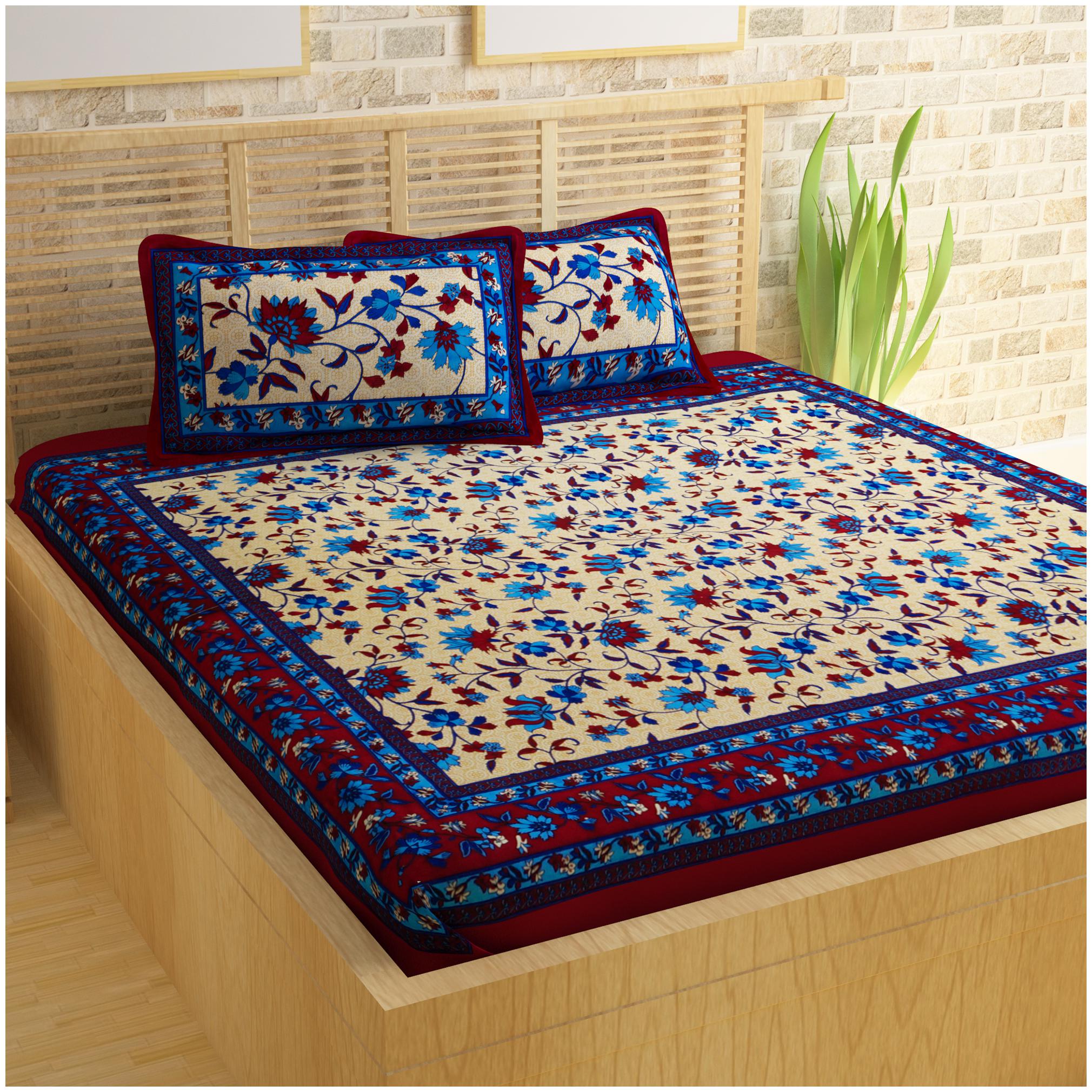 

Bedspun Cotton Floral Double Size Bedsheet 120 TC ( 1 Bedsheet With 2 Pillow Covers Blue )
