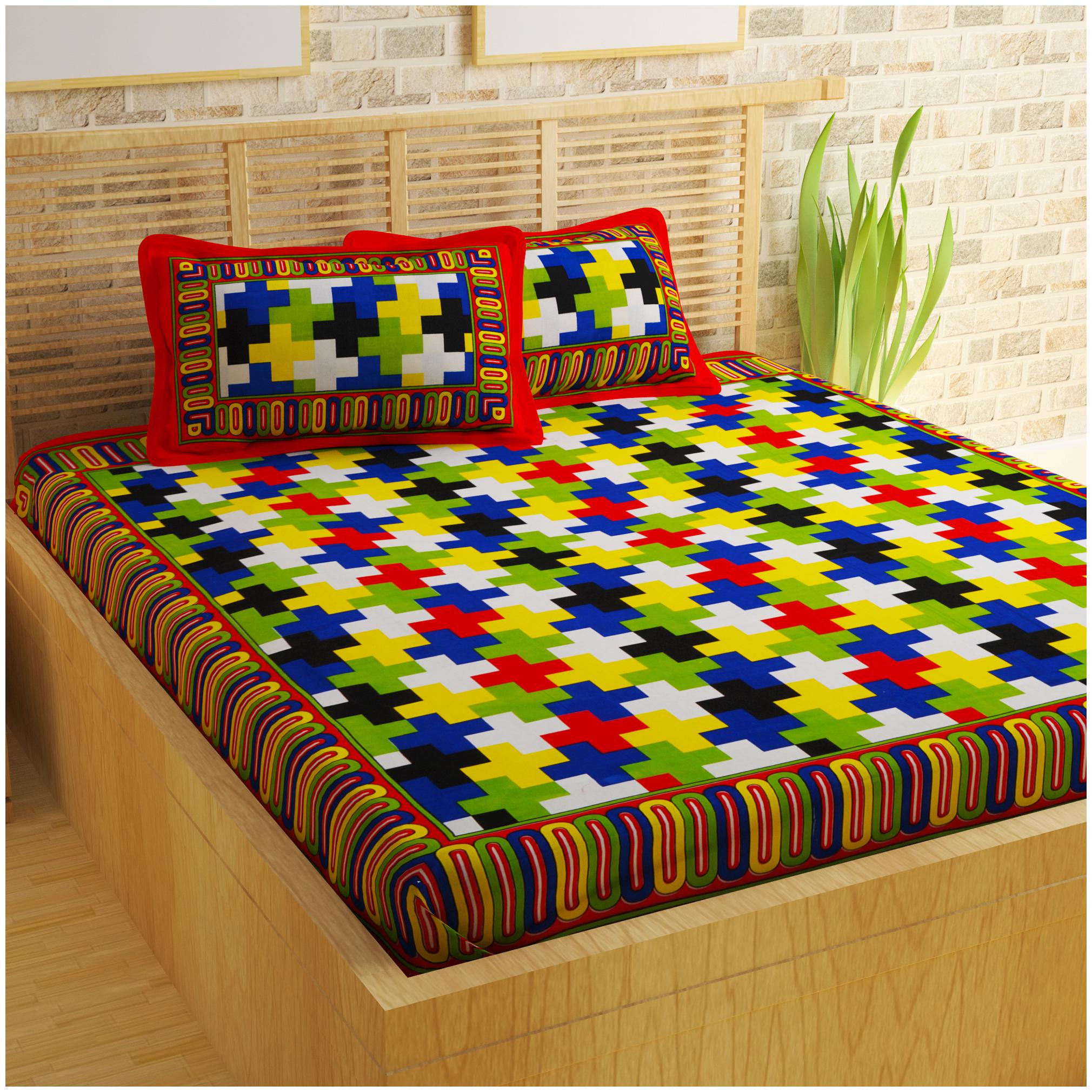 

Bedspun Cotton Geometric Double Size Bedsheet 120 TC ( 1 Bedsheet With 2 Pillow Covers Multi )