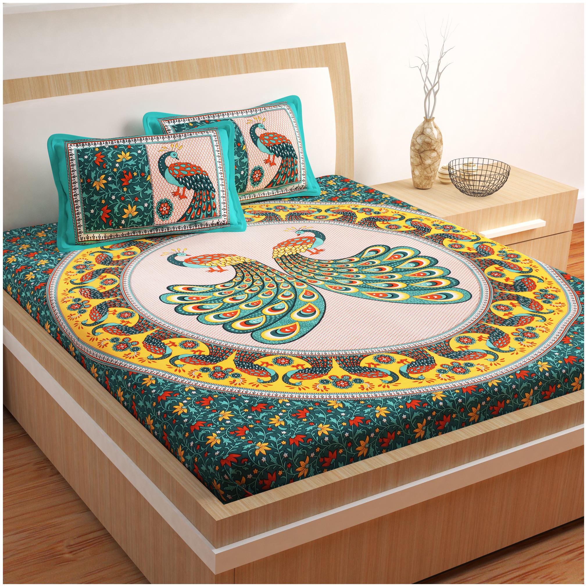 

Bedspun Cotton Printed Double Size Bedsheet 120 TC ( 1 Bedsheet With 2 Pillow Covers Green )