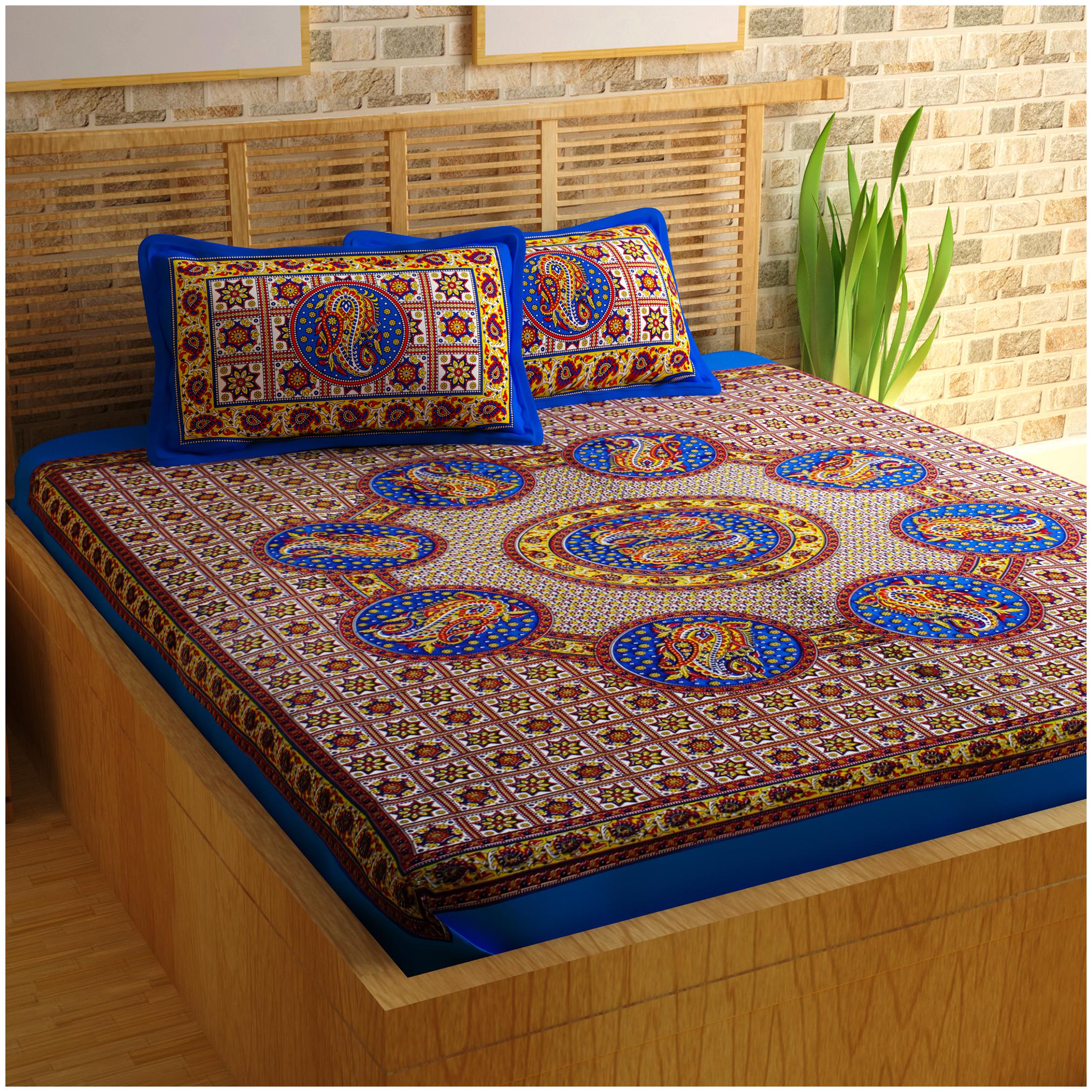 

Bedspun Cotton Printed Double Size Bedsheet 120 TC ( 1 Bedsheet With 2 Pillow Covers Blue )