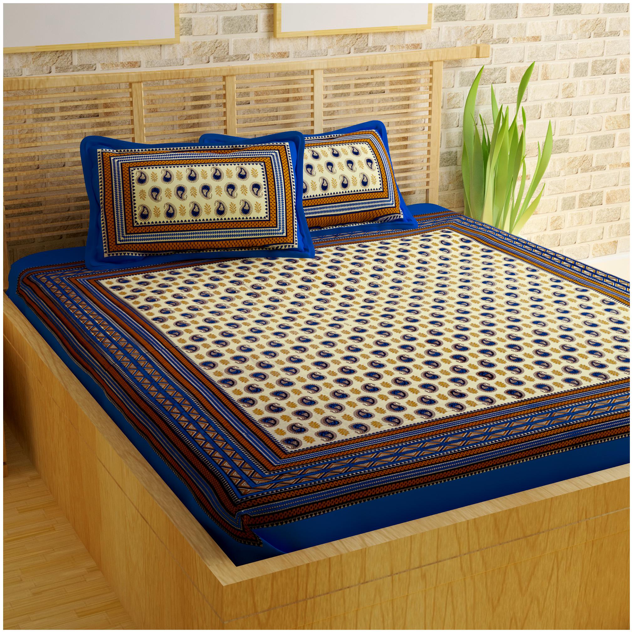 

Bedspun Cotton Printed Double Size Bedsheet 120 TC ( 1 Bedsheet With 2 Pillow Covers Blue )