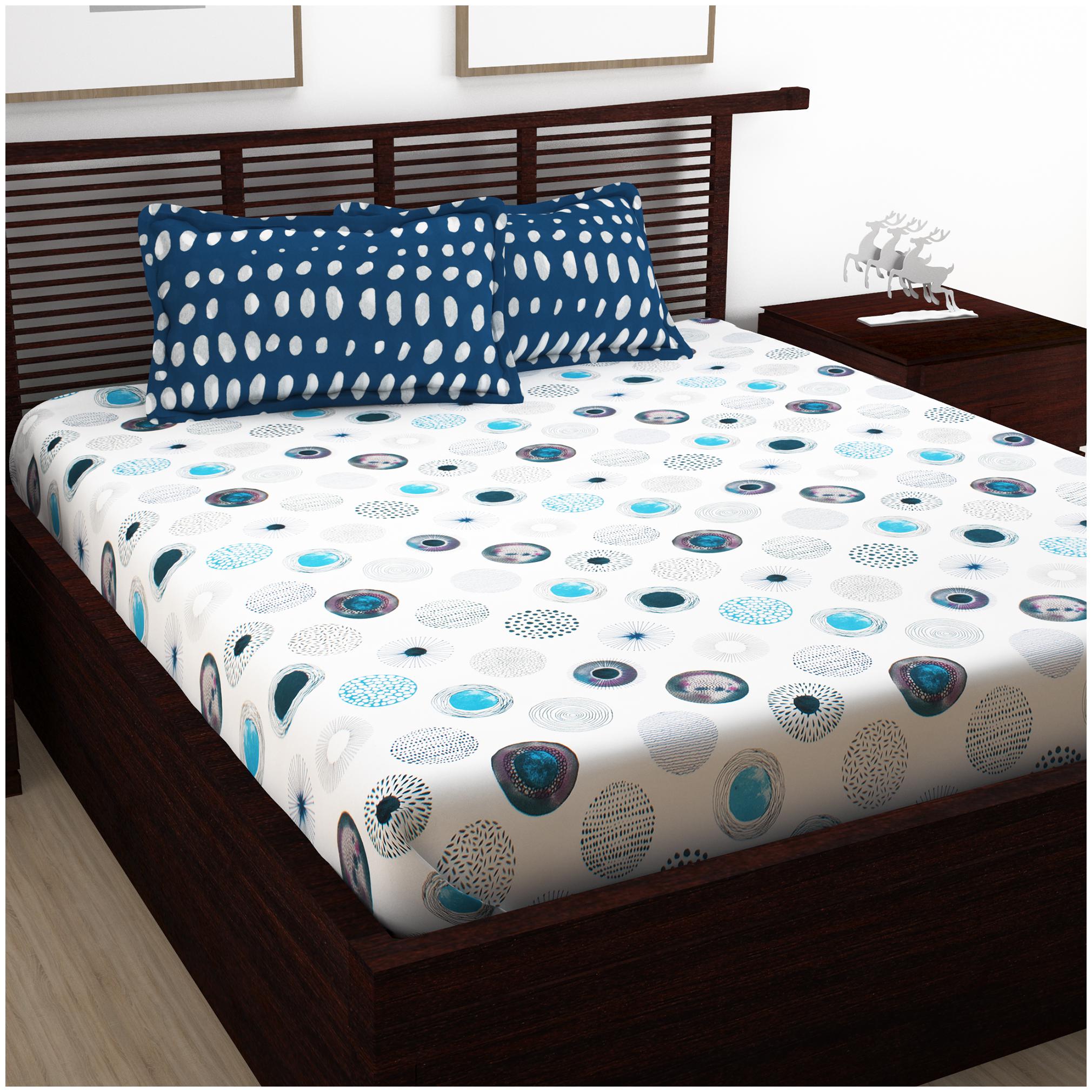 

Bedspun Cotton Polka Dot Double Size Bedsheet 120 TC ( 1 Bedsheet With 2 Pillow Covers Blue )