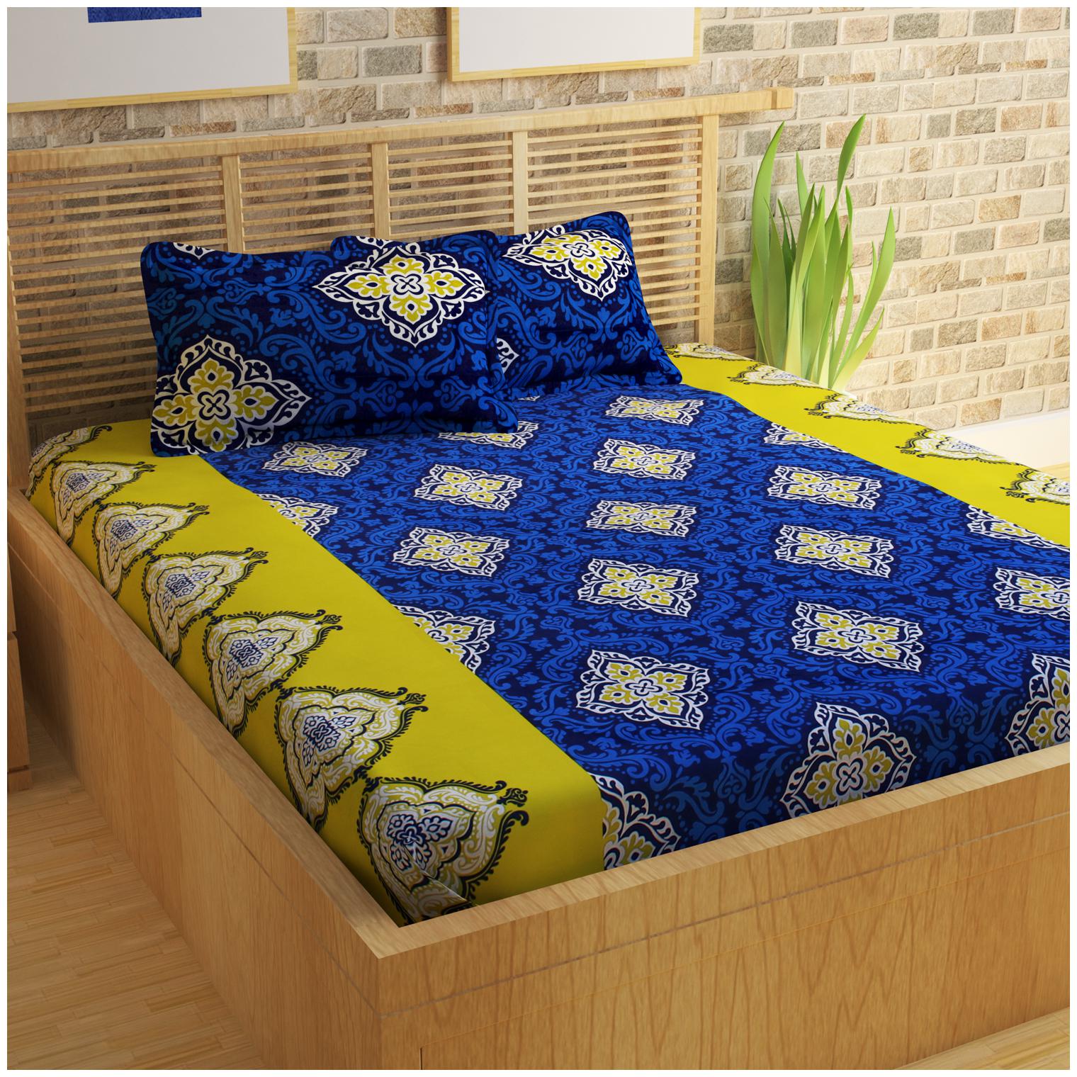 

Bedspun Cotton Abstract Double Size Bedsheet 120 TC ( 1 Bedsheet With 2 Pillow Covers Blue )