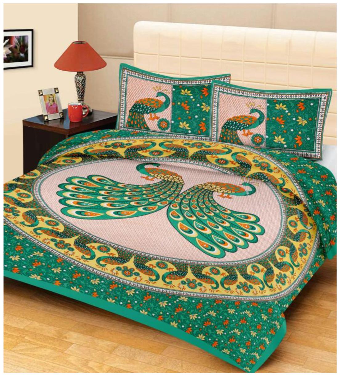

Byloom Cotton Printed Double Size Bedsheet 110 TC ( 1 Bedsheet With 2 Pillow Covers Green )