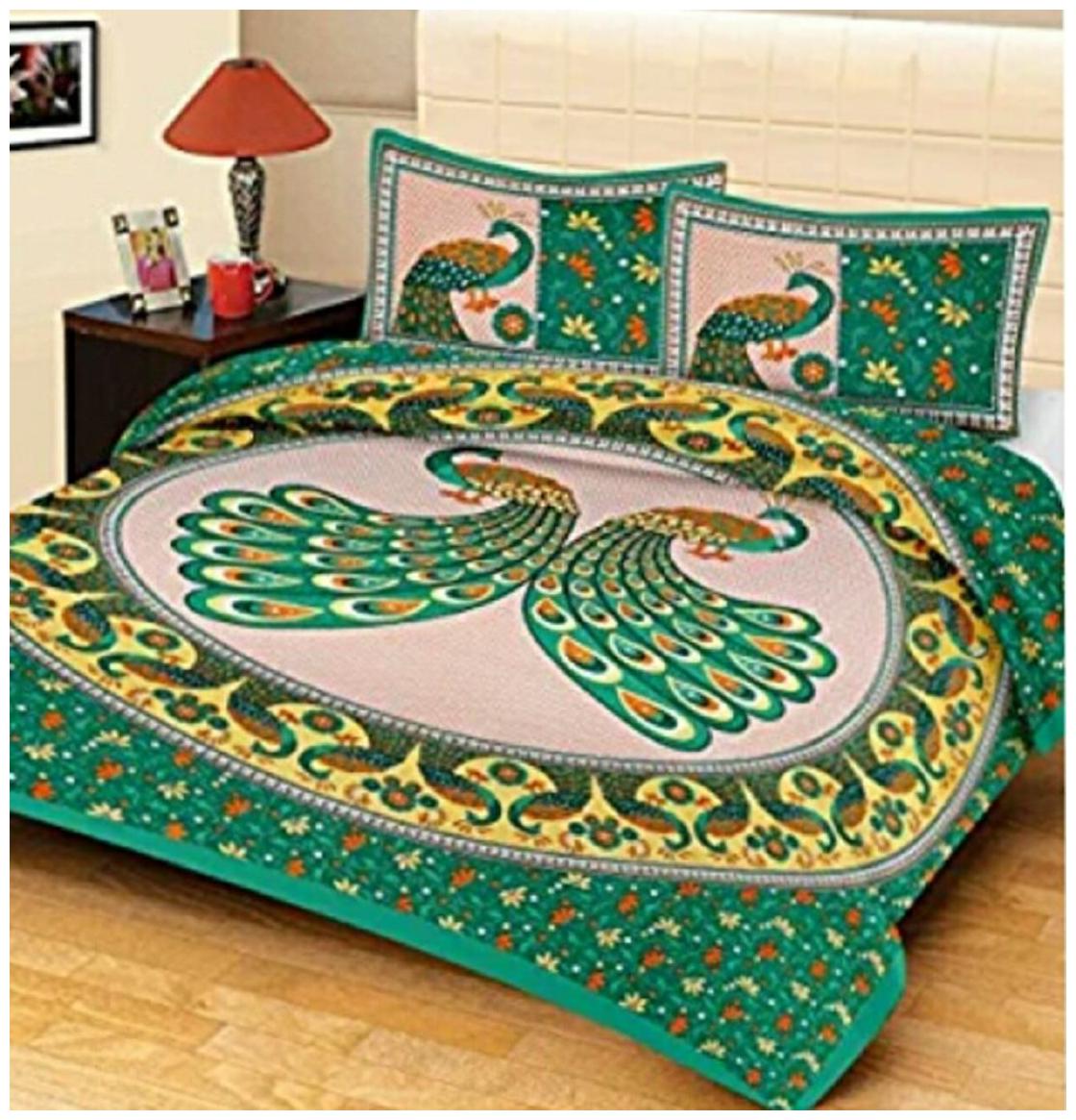 

Byloom Cotton Abstract Double Size Bedsheet 110 TC ( 1 Bedsheet With 2 Pillow Covers Green )