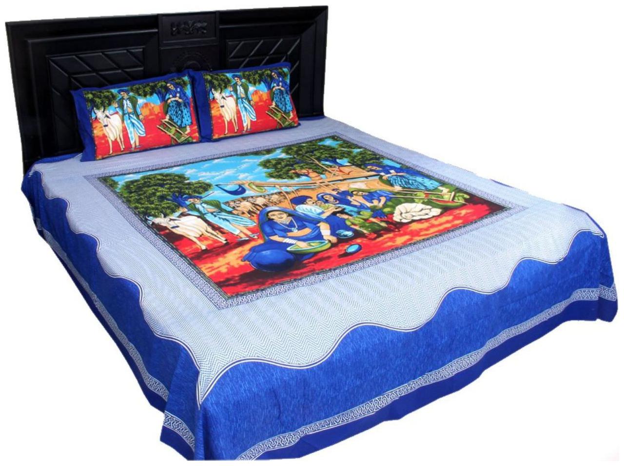 

Byloom Cotton Abstract Double Size Bedsheet 110 TC ( 1 Bedsheet With 2 Pillow Covers Blue )