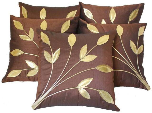 Belive-Me Dupion Silk Brown Cushion Cover Set Of 5