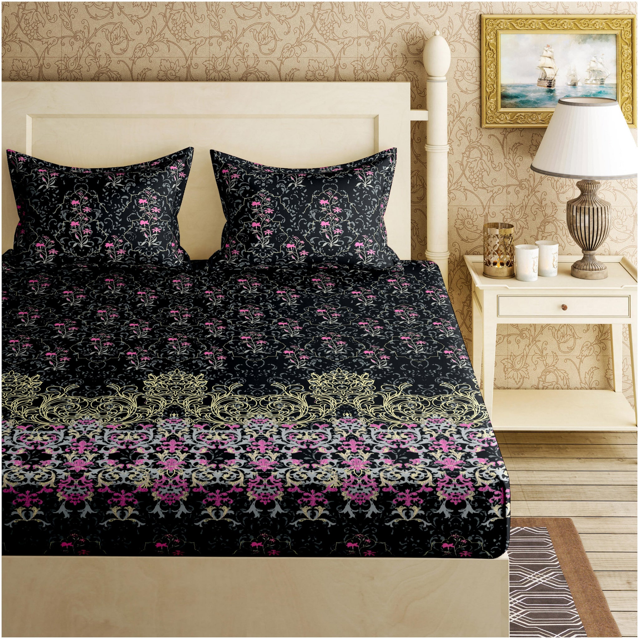 

Bella Casa Cotton Floral King Size Bedsheet 144 TC ( 1 Bedsheet With 2 Pillow Covers Black )