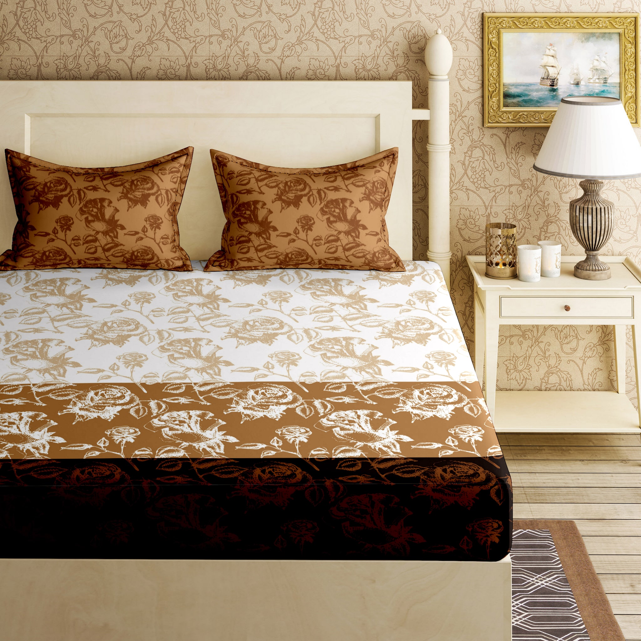 

Bella Casa Cotton Printed King Size Bedsheet 144 TC ( 1 Bedsheet With 2 Pillow Covers Brown )