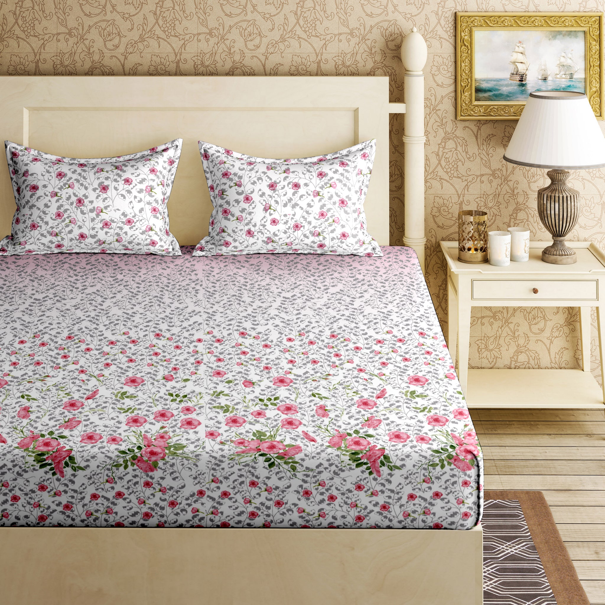 

Bella Casa Cotton Printed King Size Bedsheet 144 TC ( 1 Bedsheet With 2 Pillow Covers Pink )