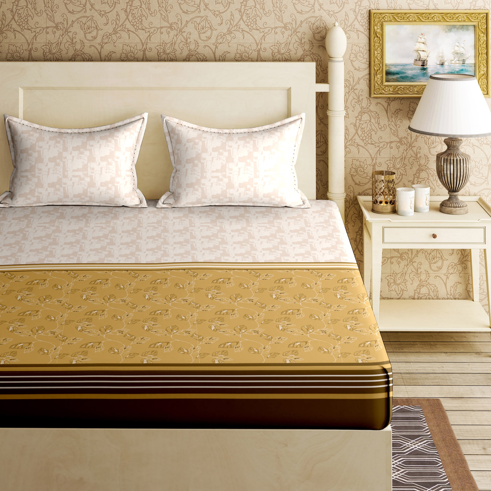 

Bella Casa Cotton Printed King Size Bedsheet 144 TC ( 1 Bedsheet With 2 Pillow Covers Yellow )