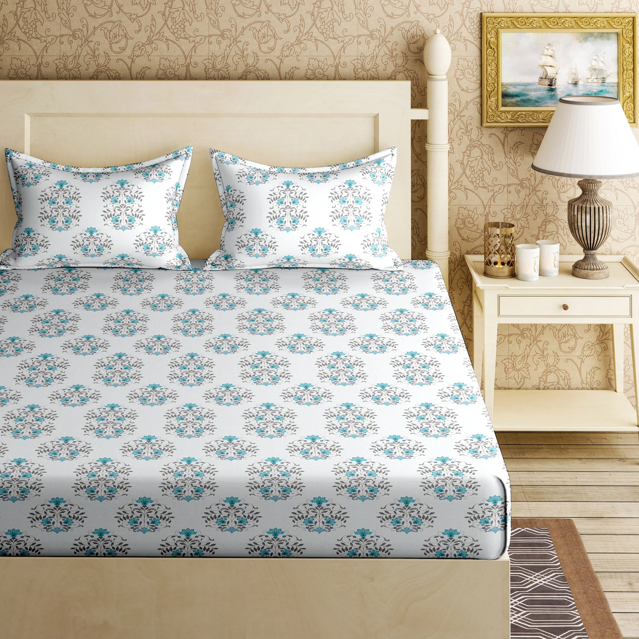 

Bella Casa Cotton Printed King Size Bedsheet 144 TC ( 1 Bedsheet With 2 Pillow Covers Blue )