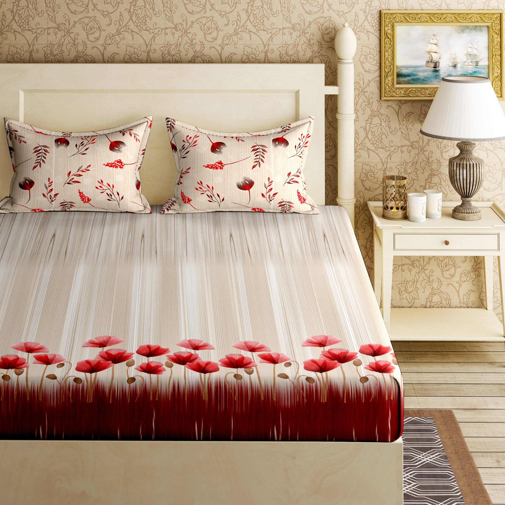 

Bella Casa Cotton Printed King Size Bedsheet 144 TC ( 1 Bedsheet With 2 Pillow Covers White )