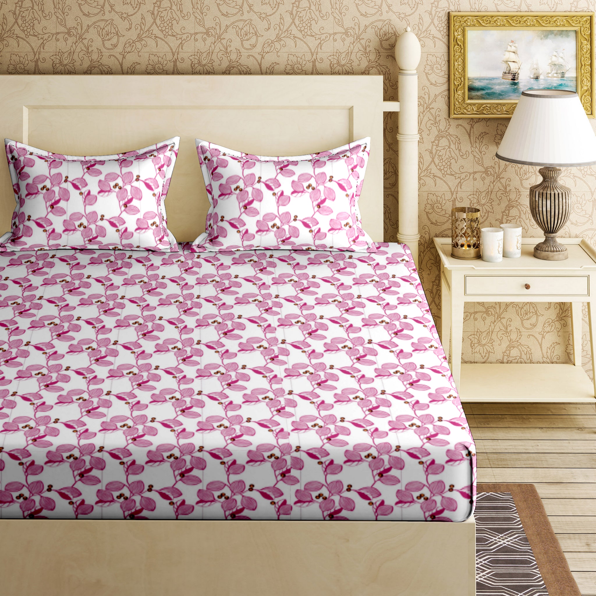 

Bella Casa Cotton Printed King Size Bedsheet 144 TC ( 1 Bedsheet With 2 Pillow Covers Pink )