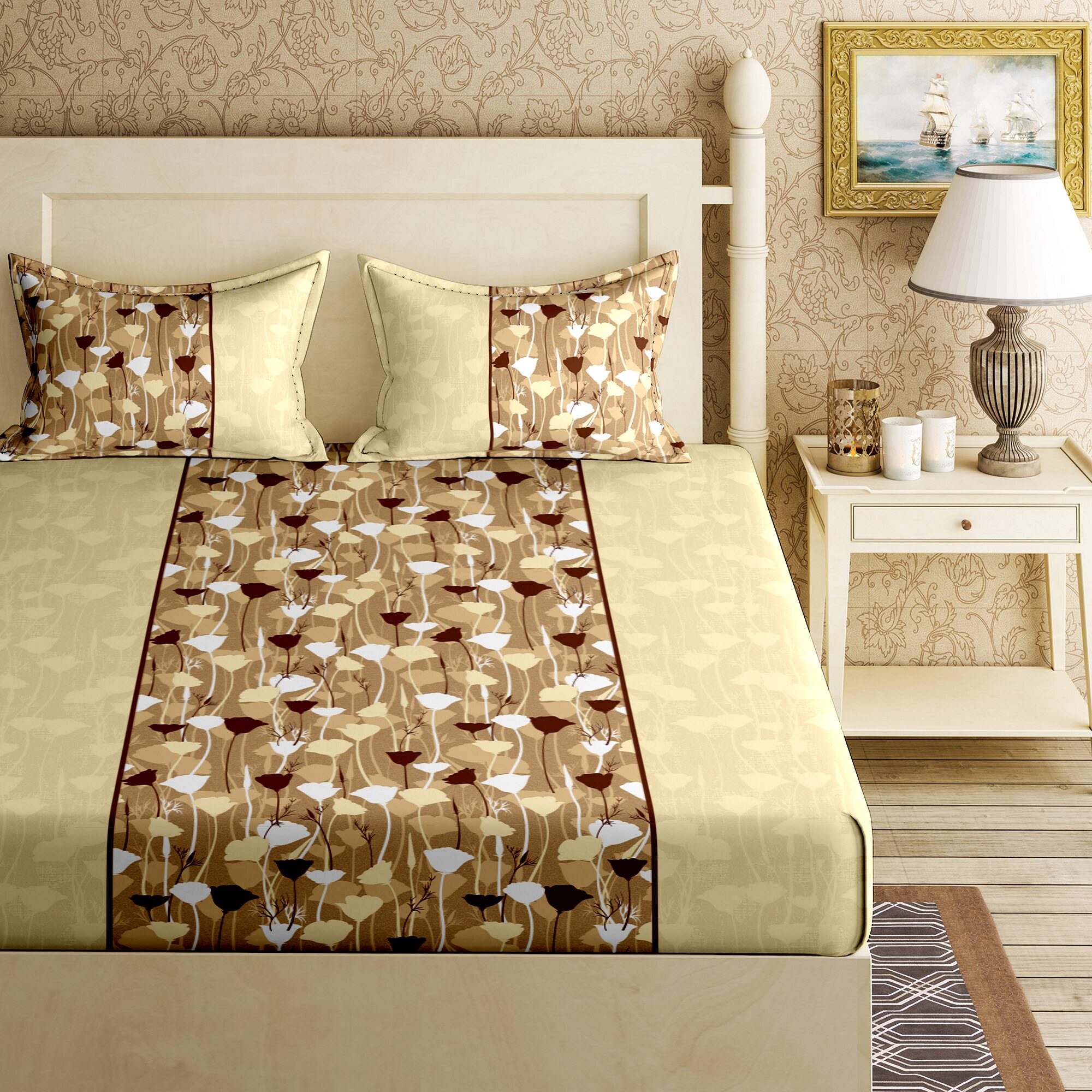

Bella Casa Cotton Printed King Size Bedsheet 144 TC ( 1 Bedsheet With 2 Pillow Covers Yellow )