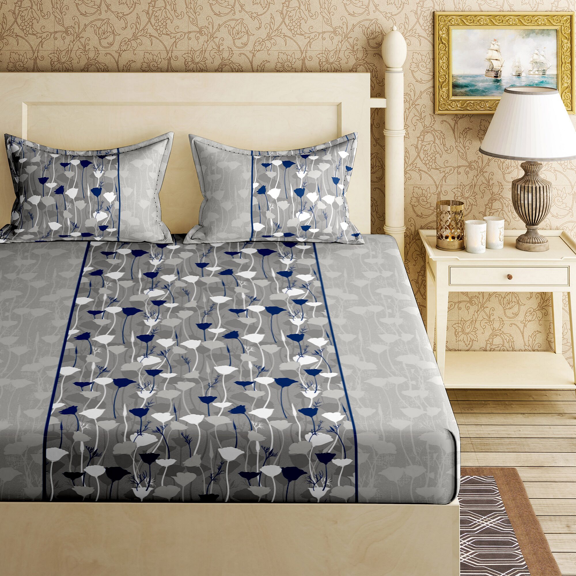 

Bella Casa Cotton Printed King Size Bedsheet 144 TC ( 1 Bedsheet With 2 Pillow Covers Grey )