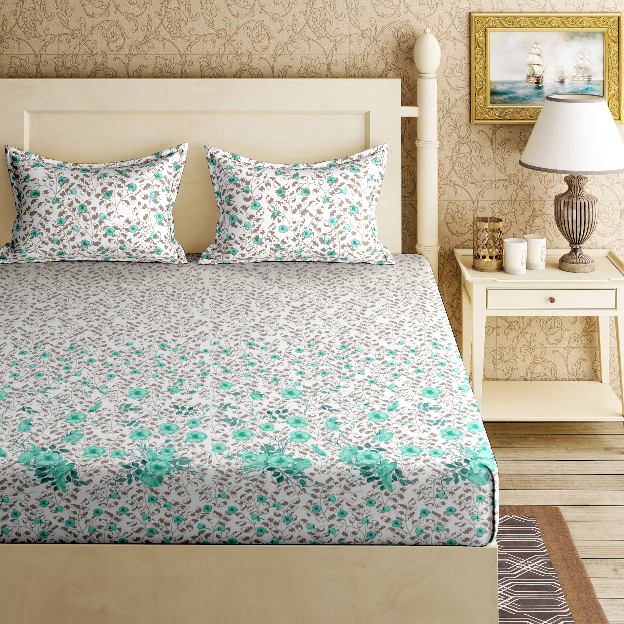

Bella Casa Cotton Printed King Size Bedsheet 144 TC ( 1 Bedsheet With 2 Pillow Covers Blue )