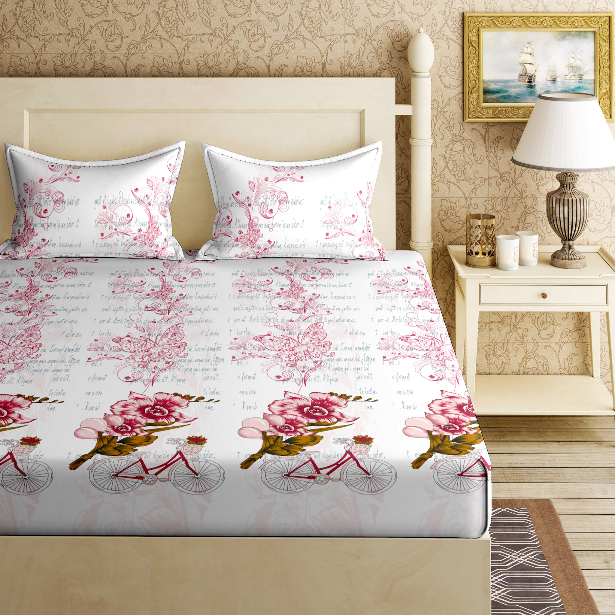 

Bella Casa Cotton Printed King Size Bedsheet 144 TC ( 1 Bedsheet With 2 Pillow Covers Pink )
