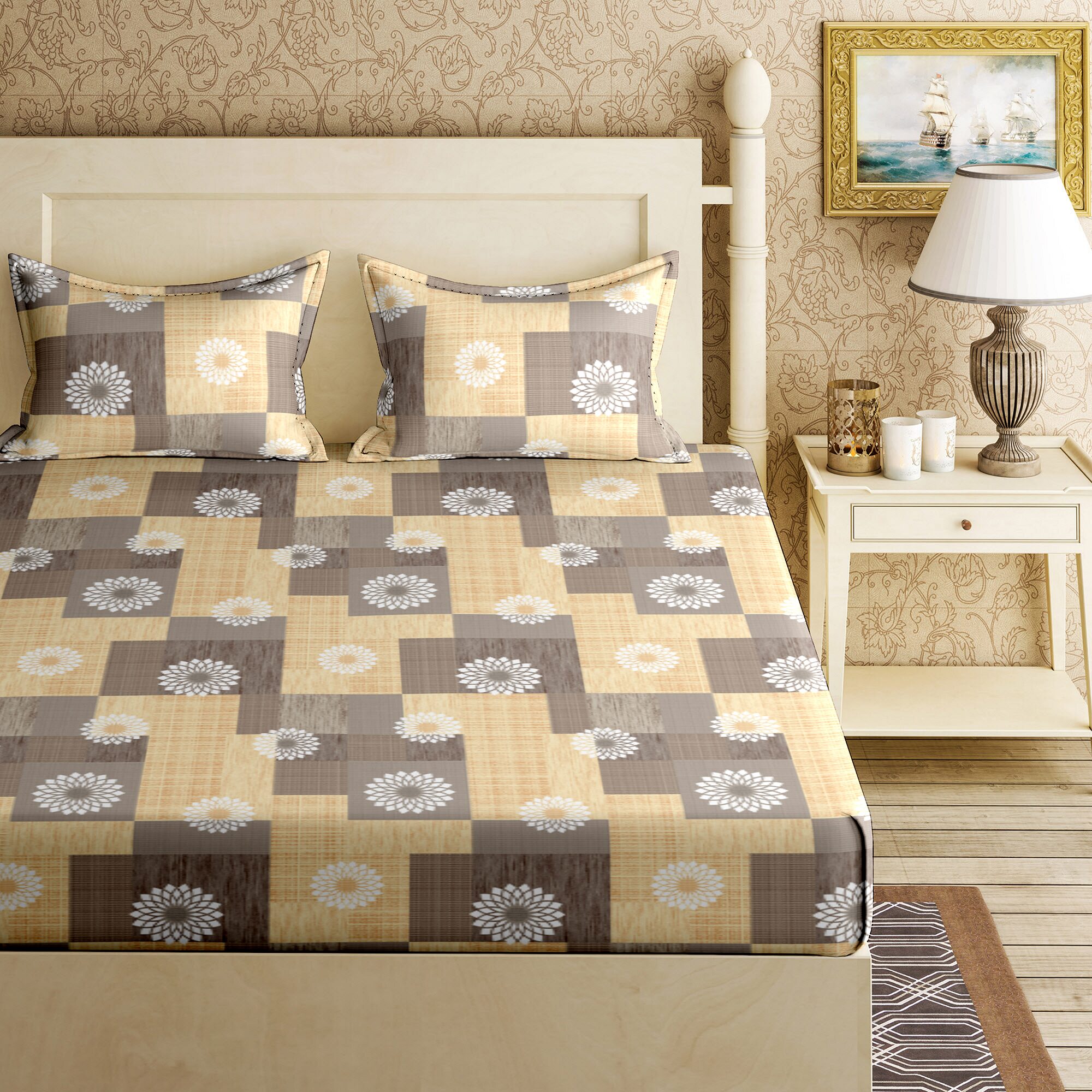 

Bella Casa Cotton Printed King Size Bedsheet 144 TC ( 1 Bedsheet With 2 Pillow Covers Grey )