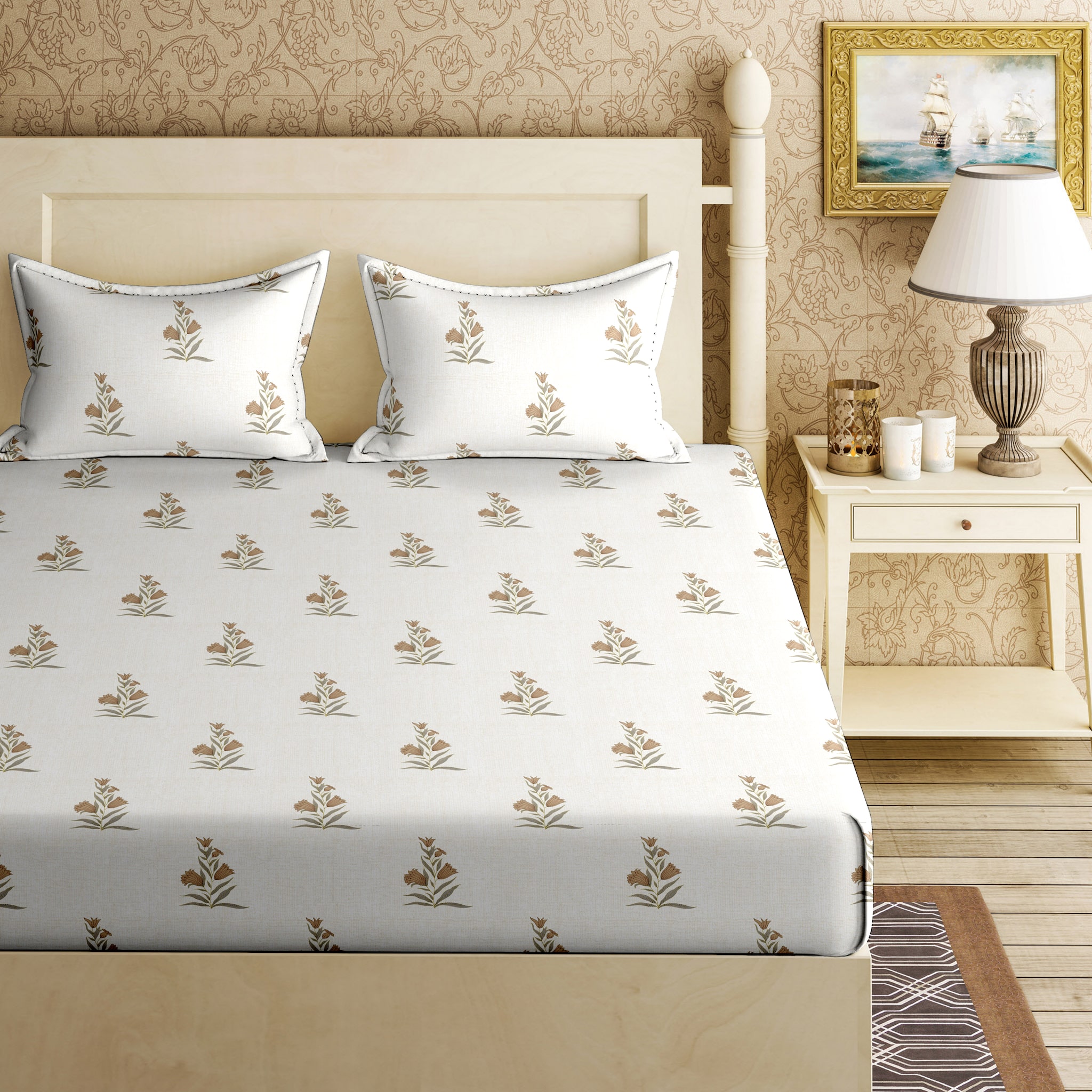 

Bella Casa Cotton Printed King Size Bedsheet 144 TC ( 1 Bedsheet With 2 Pillow Covers Grey )