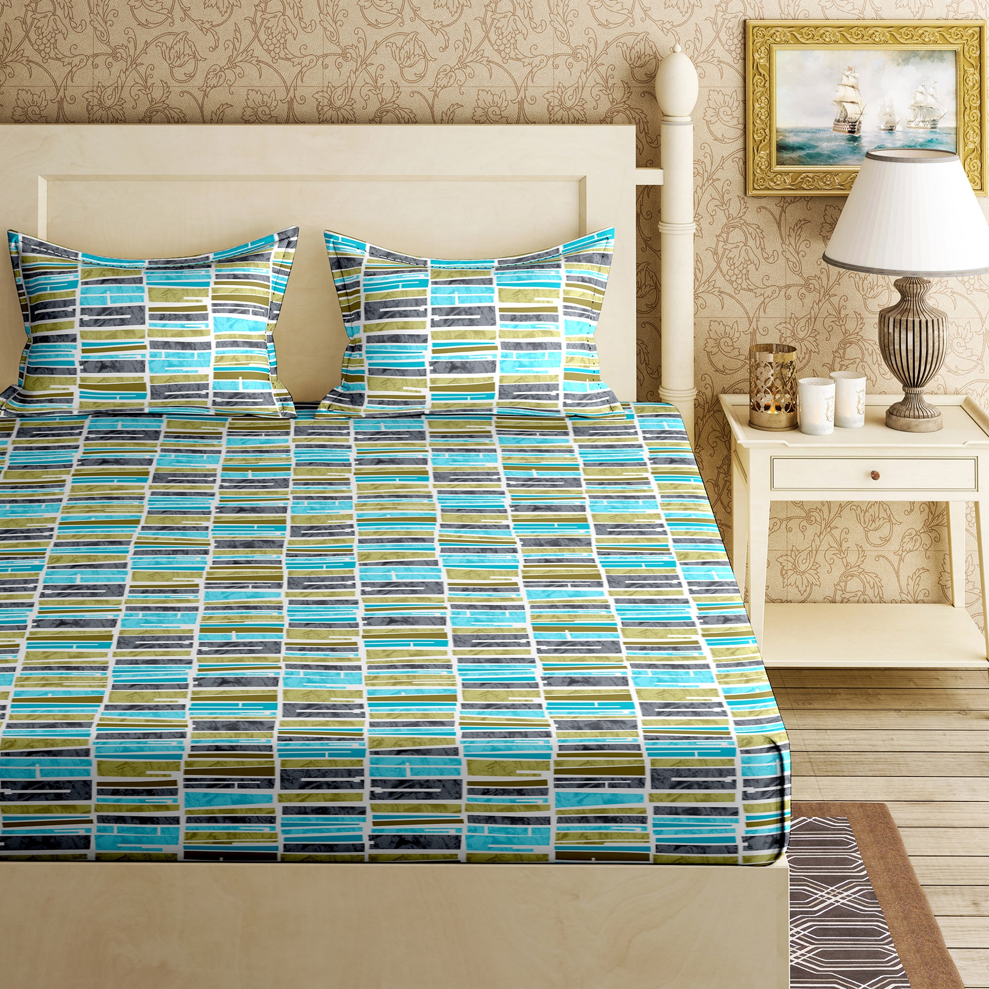 

Bella Casa Cotton Printed King Size Bedsheet 144 TC ( 1 Bedsheet With 2 Pillow Covers Blue )
