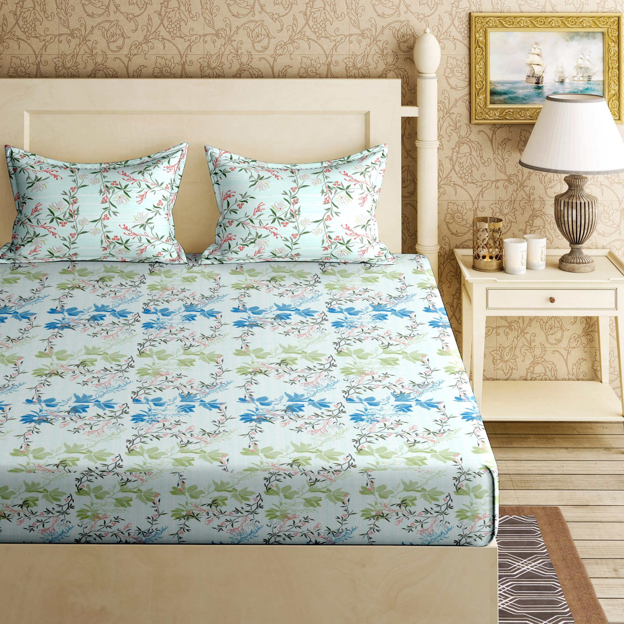 

Bella Casa Cotton Printed King Size Bedsheet 144 TC ( 1 Bedsheet With 2 Pillow Covers Blue )