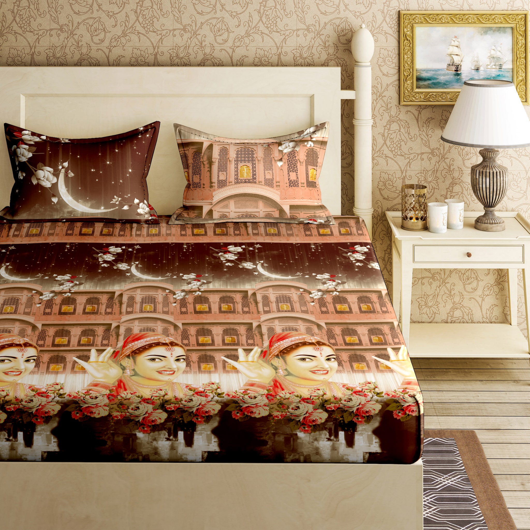 

Bella Casa Cotton Printed King Size Bedsheet 144 TC ( 1 Bedsheet With 2 Pillow Covers Brown )