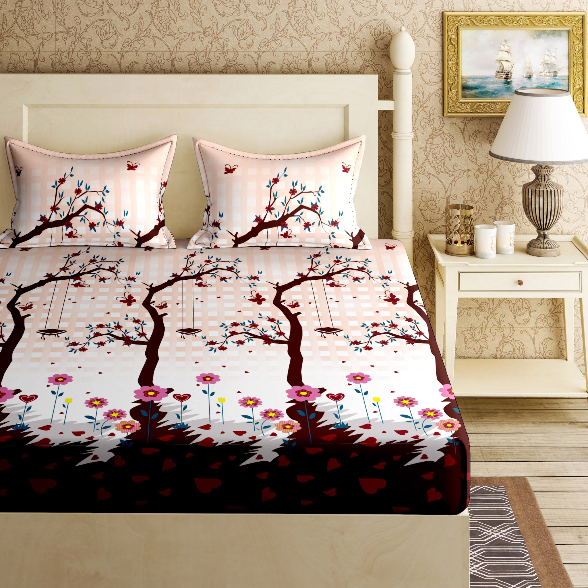 

Bella Casa Cotton Printed King Size Bedsheet 144 TC ( 1 Bedsheet With 2 Pillow Covers Maroon )