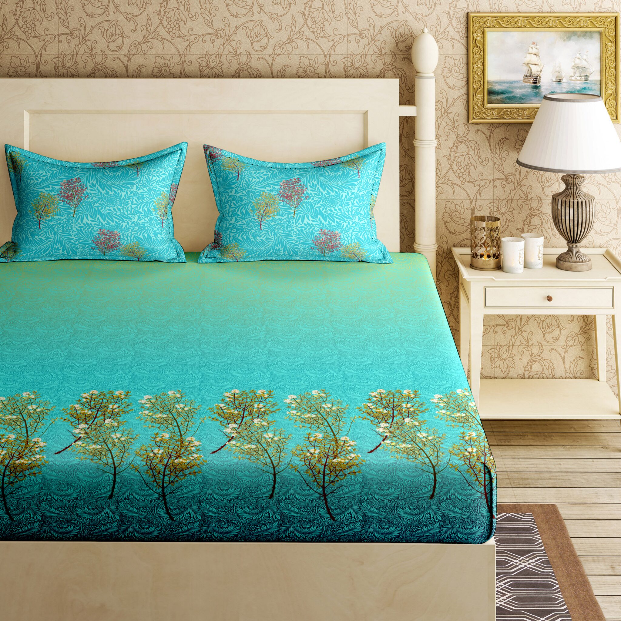 

Bella Casa Cotton Printed King Size Bedsheet 144 TC ( 1 Bedsheet With 2 Pillow Covers Blue )