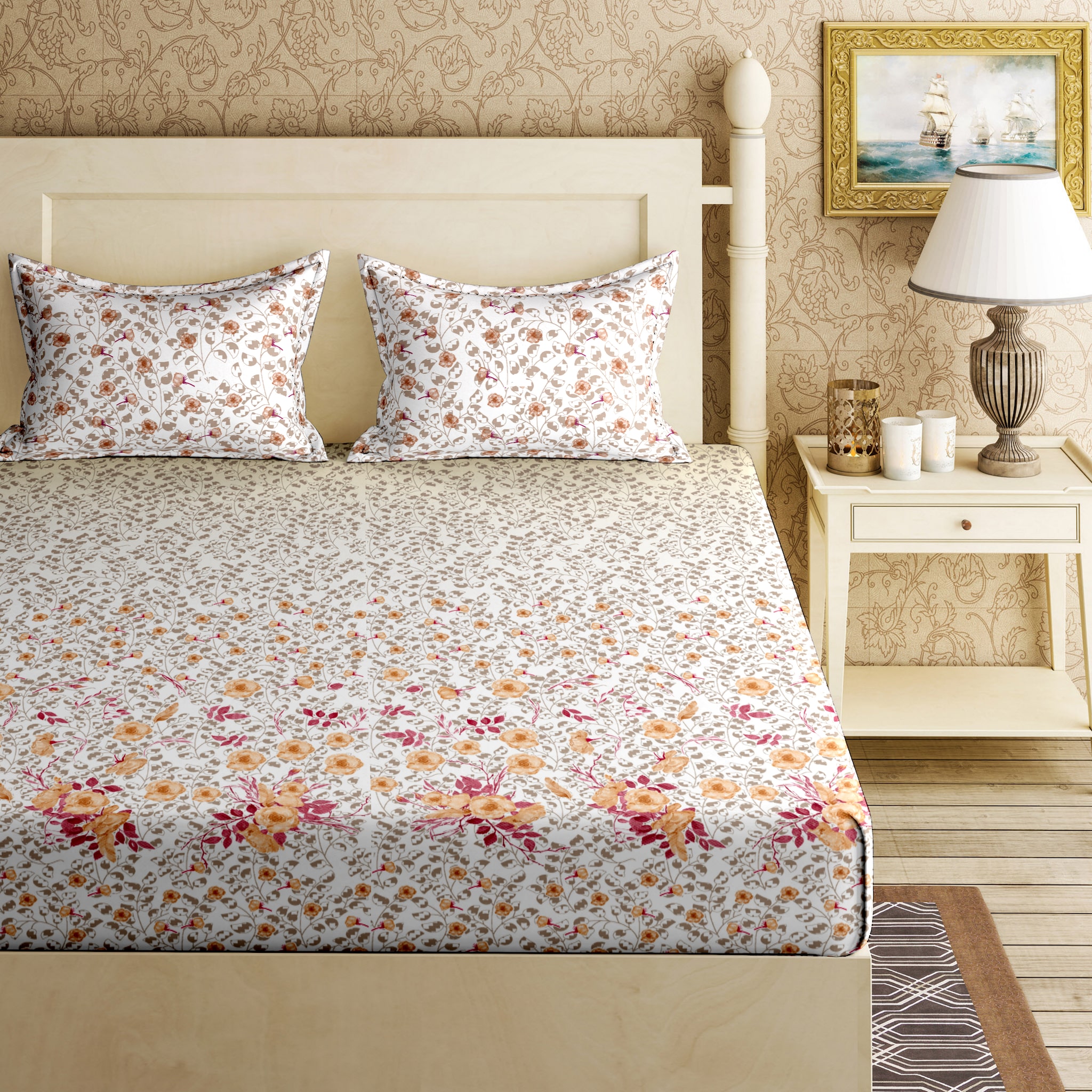 

Bella Casa Cotton Printed King Size Bedsheet 144 TC ( 1 Bedsheet With 2 Pillow Covers Pink )