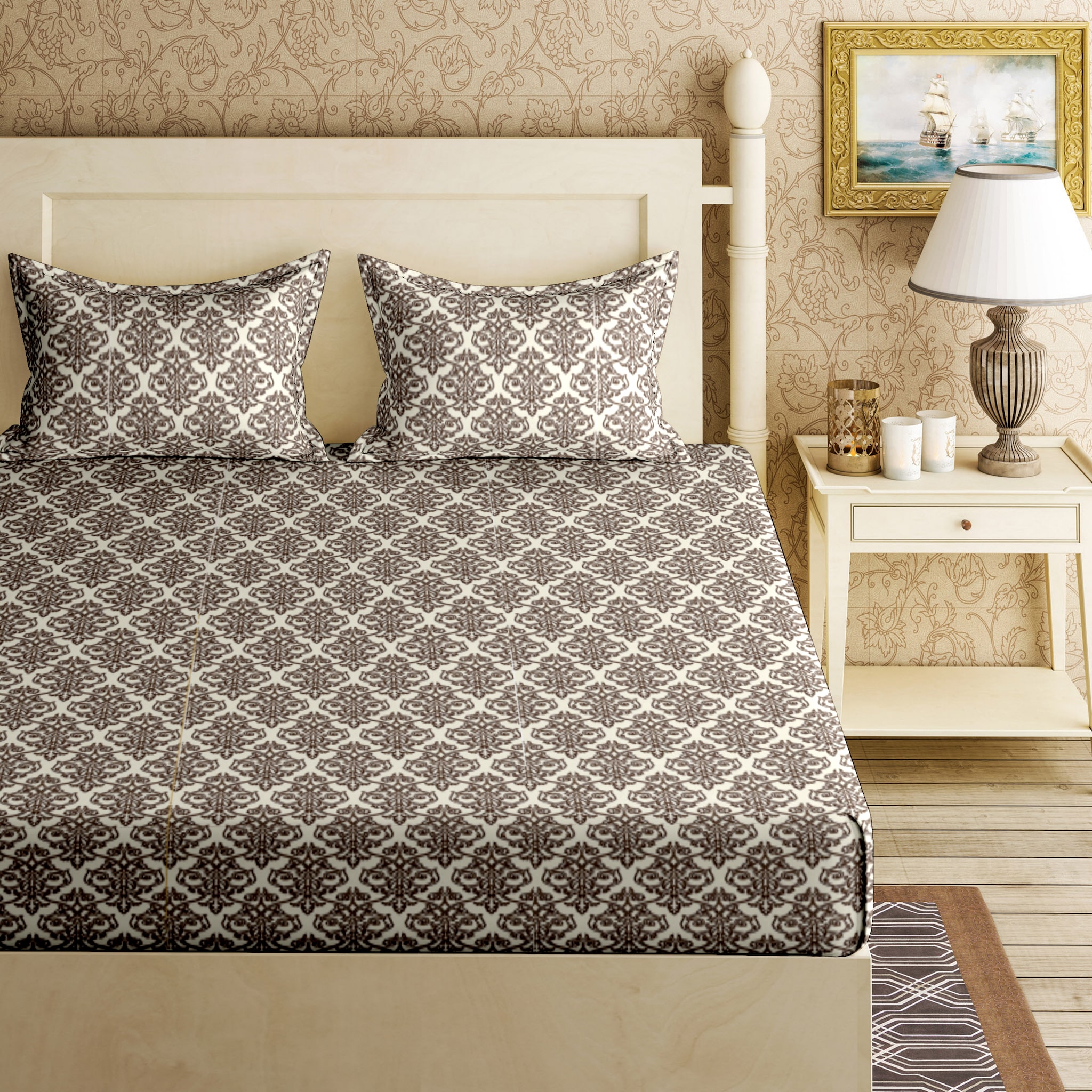 

Bella Casa Cotton Printed King Size Bedsheet 144 TC ( 1 Bedsheet With 2 Pillow Covers Grey )