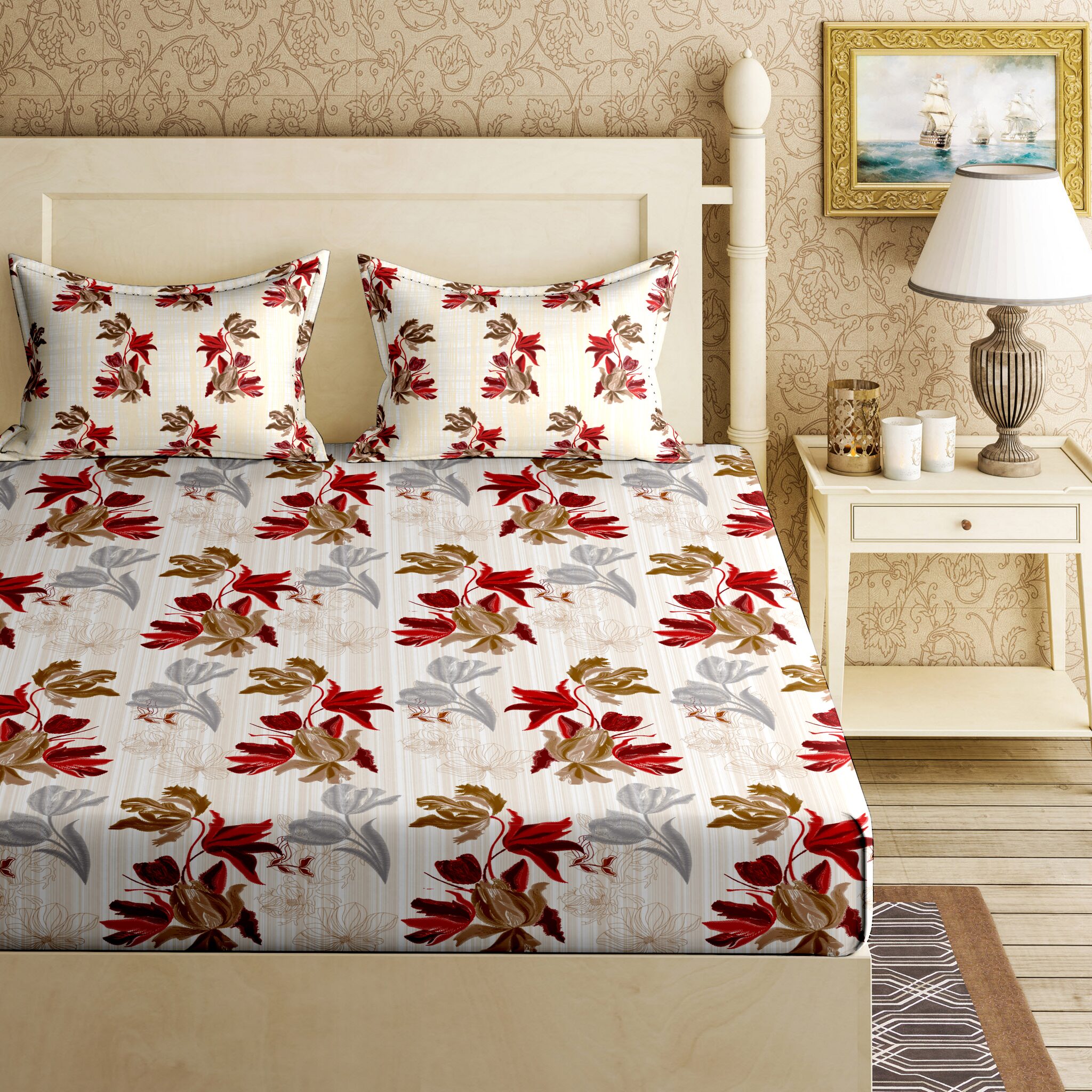 

Bella Casa Cotton Printed King Size Bedsheet 144 TC ( 1 Bedsheet With 2 Pillow Covers Red )