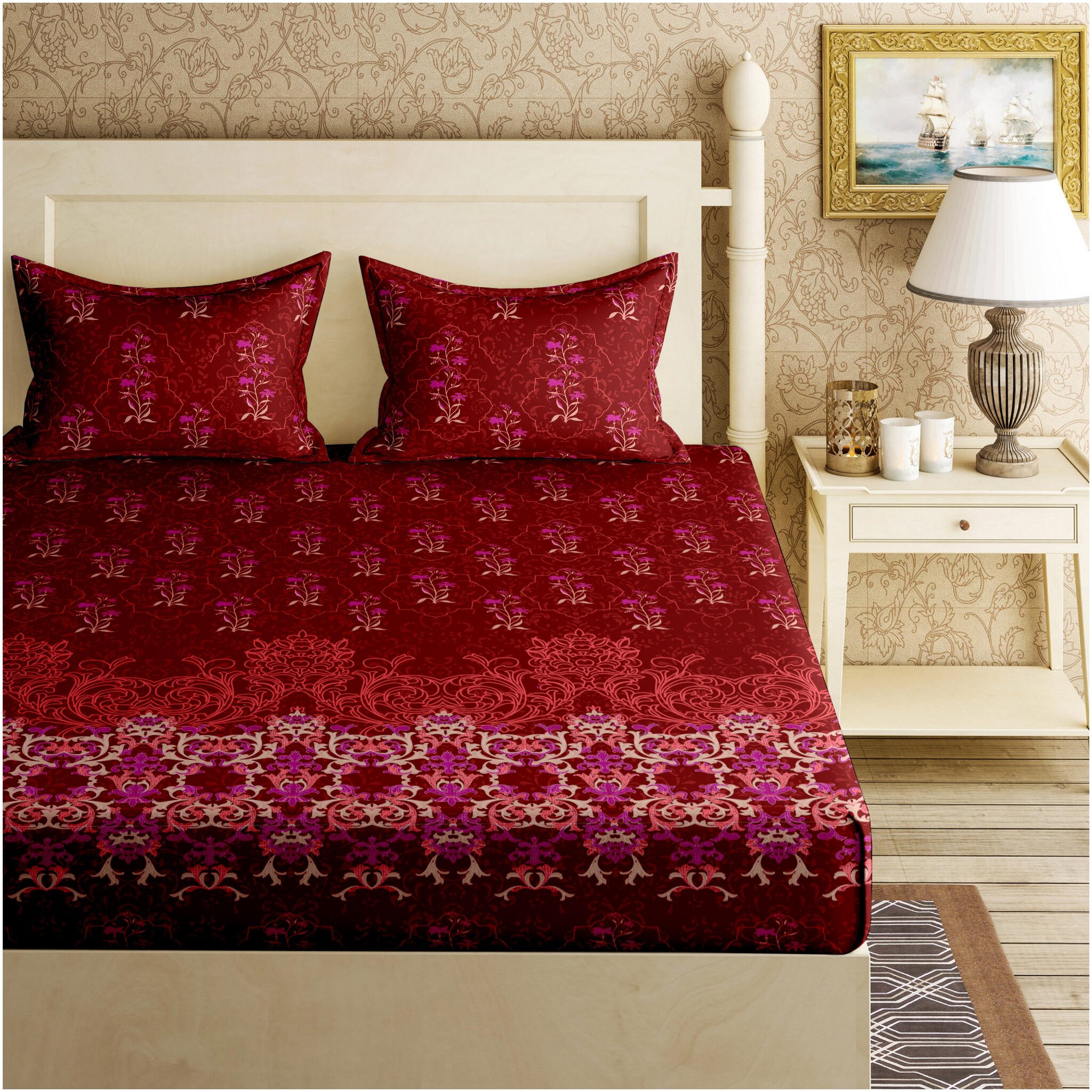 

Bella Casa Cotton Floral King Size Bedsheet 144 TC ( 1 Bedsheet With 2 Pillow Covers Maroon )