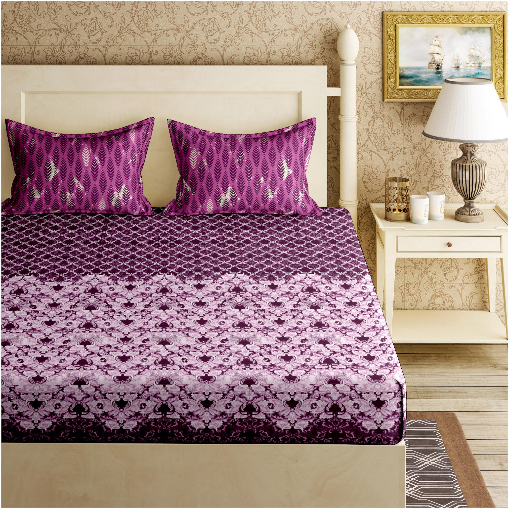 

Bella Casa Cotton Floral King Size Bedsheet 144 TC ( 1 Bedsheet With 2 Pillow Covers Purple )