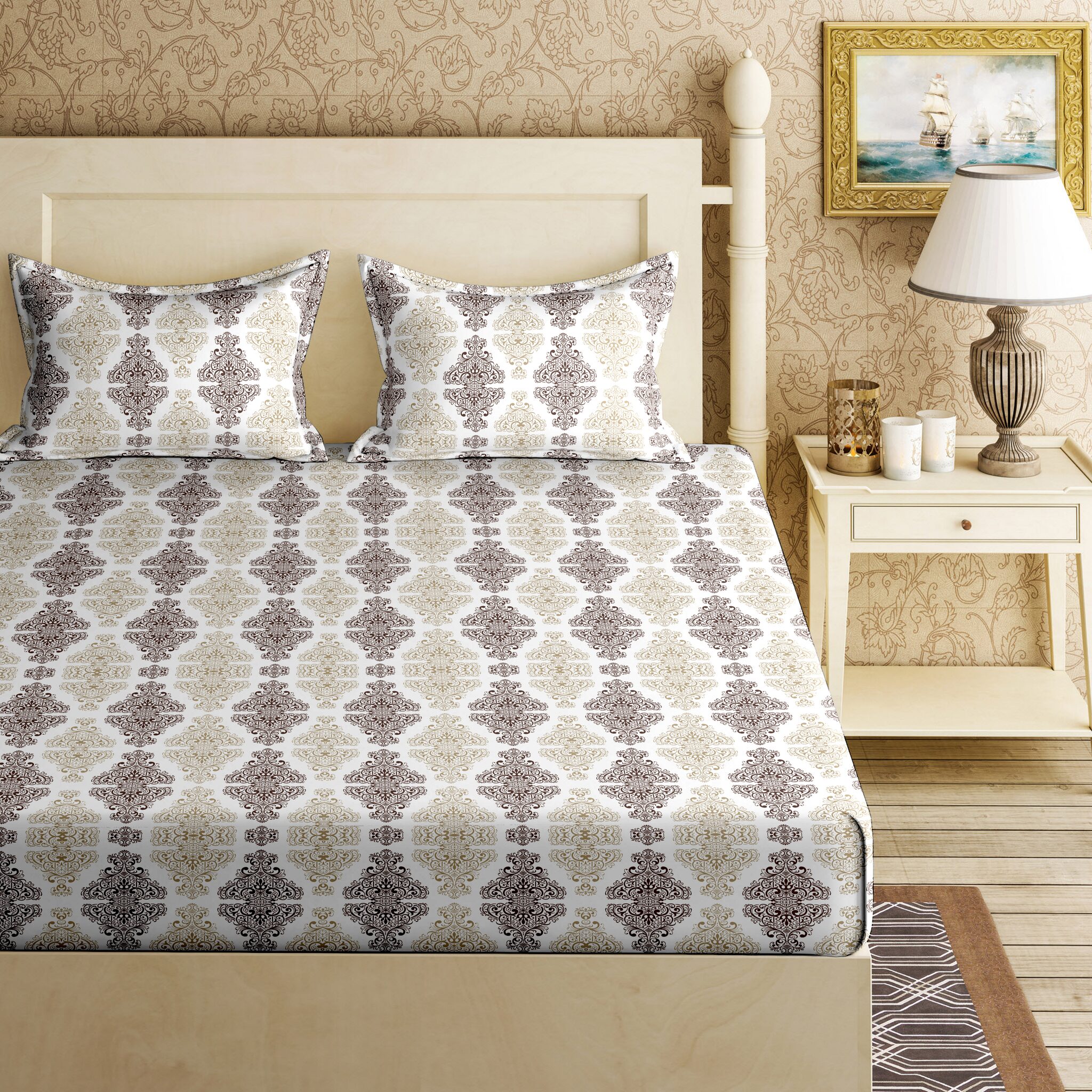 

Bella Casa Cotton Printed King Size Bedsheet 144 TC ( 1 Bedsheet With 2 Pillow Covers Grey )