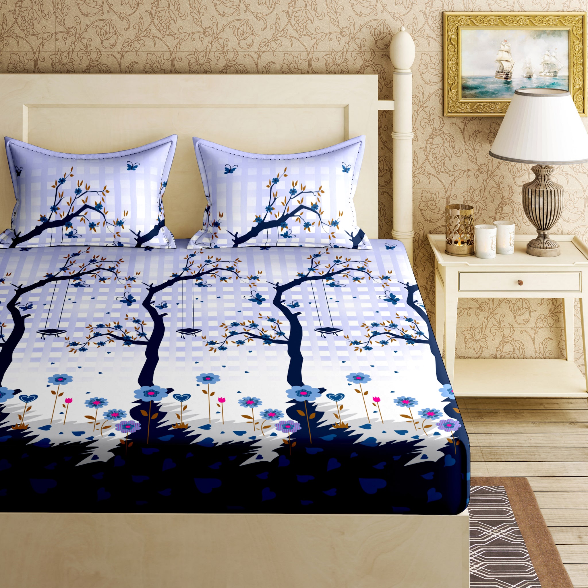 

Bella Casa Cotton Printed King Size Bedsheet 144 TC ( 1 Bedsheet With 2 Pillow Covers Blue )