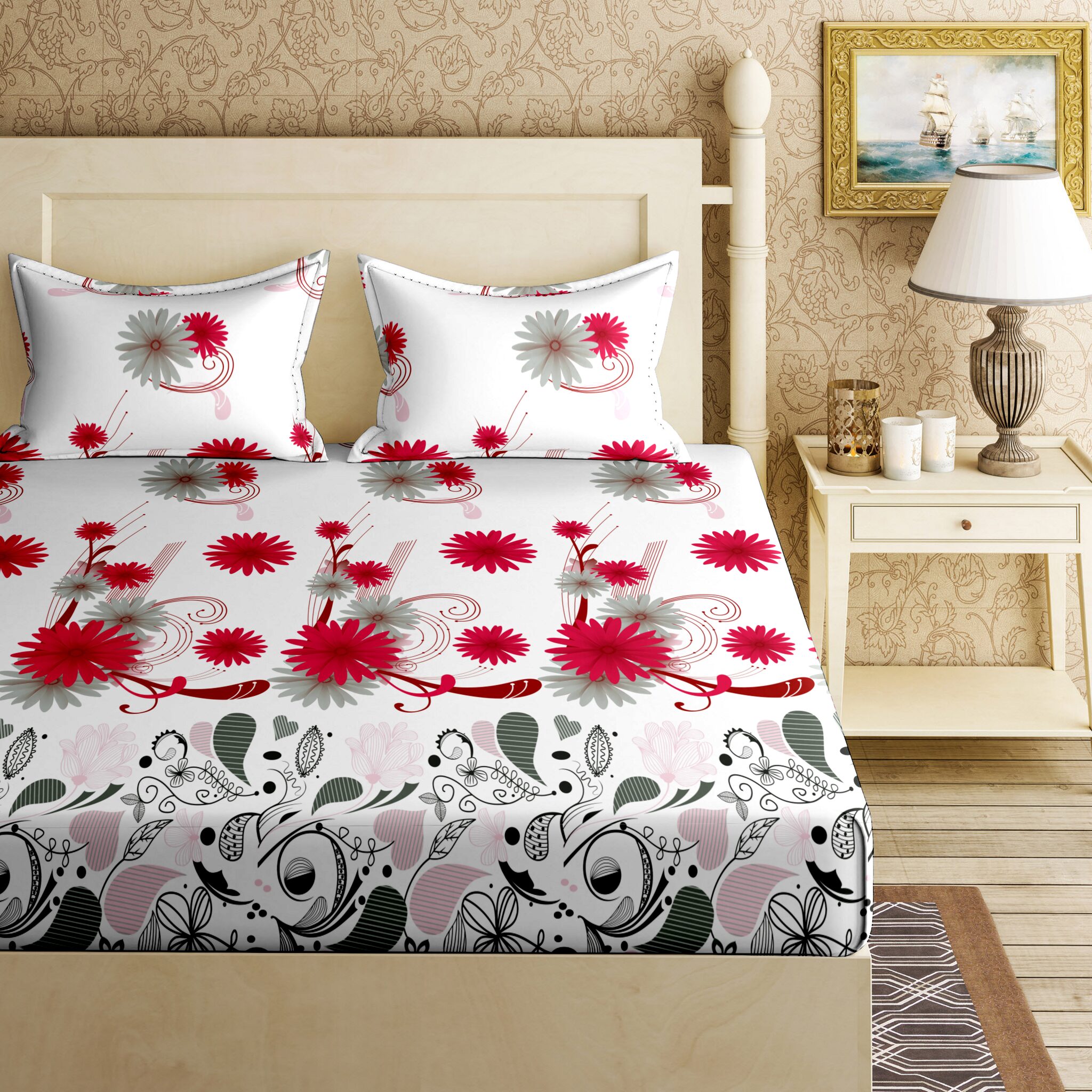 

Bella Casa Cotton Printed King Size Bedsheet 144 TC ( 1 Bedsheet With 2 Pillow Covers Red )