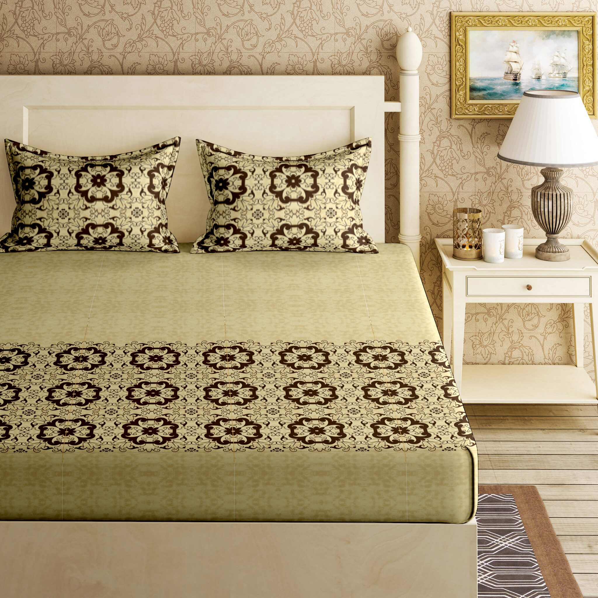 

Bella Casa Cotton Printed King Size Bedsheet 144 TC ( 1 Bedsheet With 2 Pillow Covers Beige )