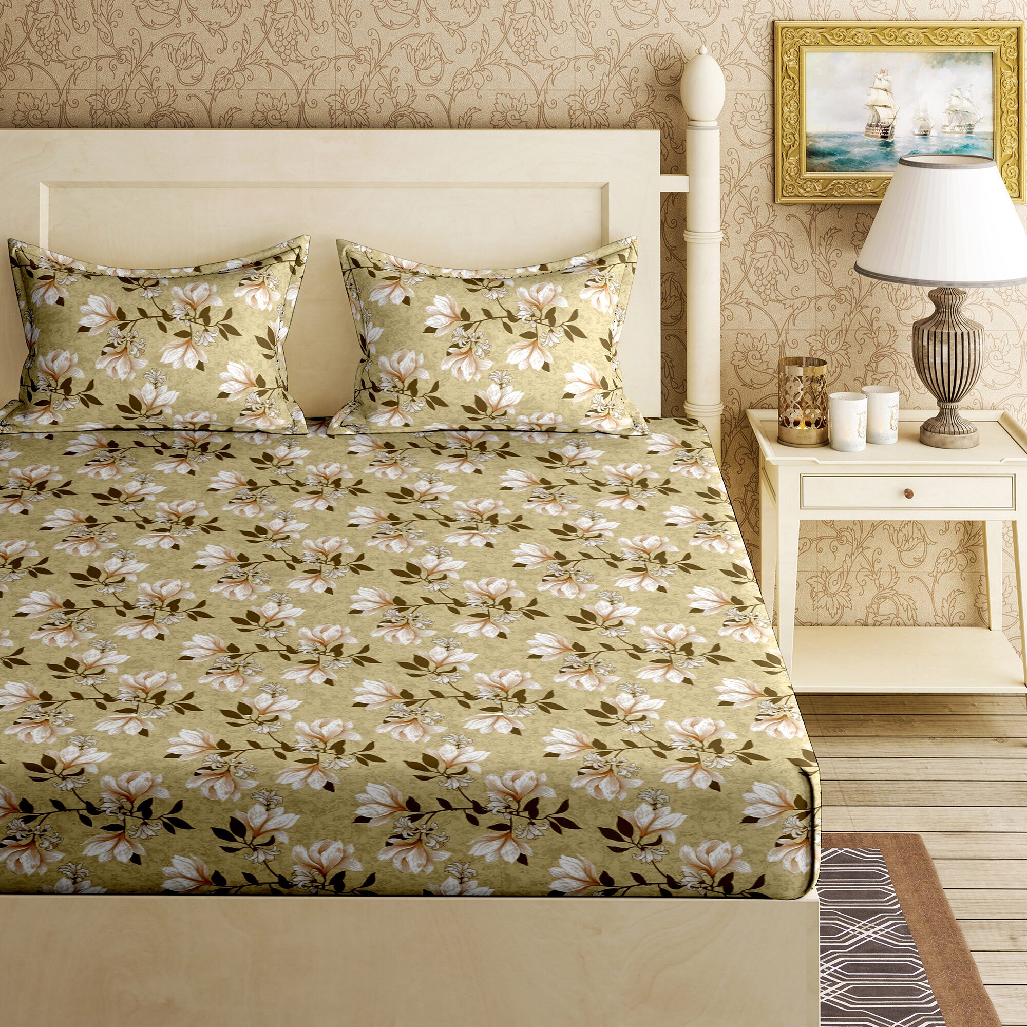 

Bella Casa Cotton Printed King Size Bedsheet 144 TC ( 1 Bedsheet With 2 Pillow Covers Green )